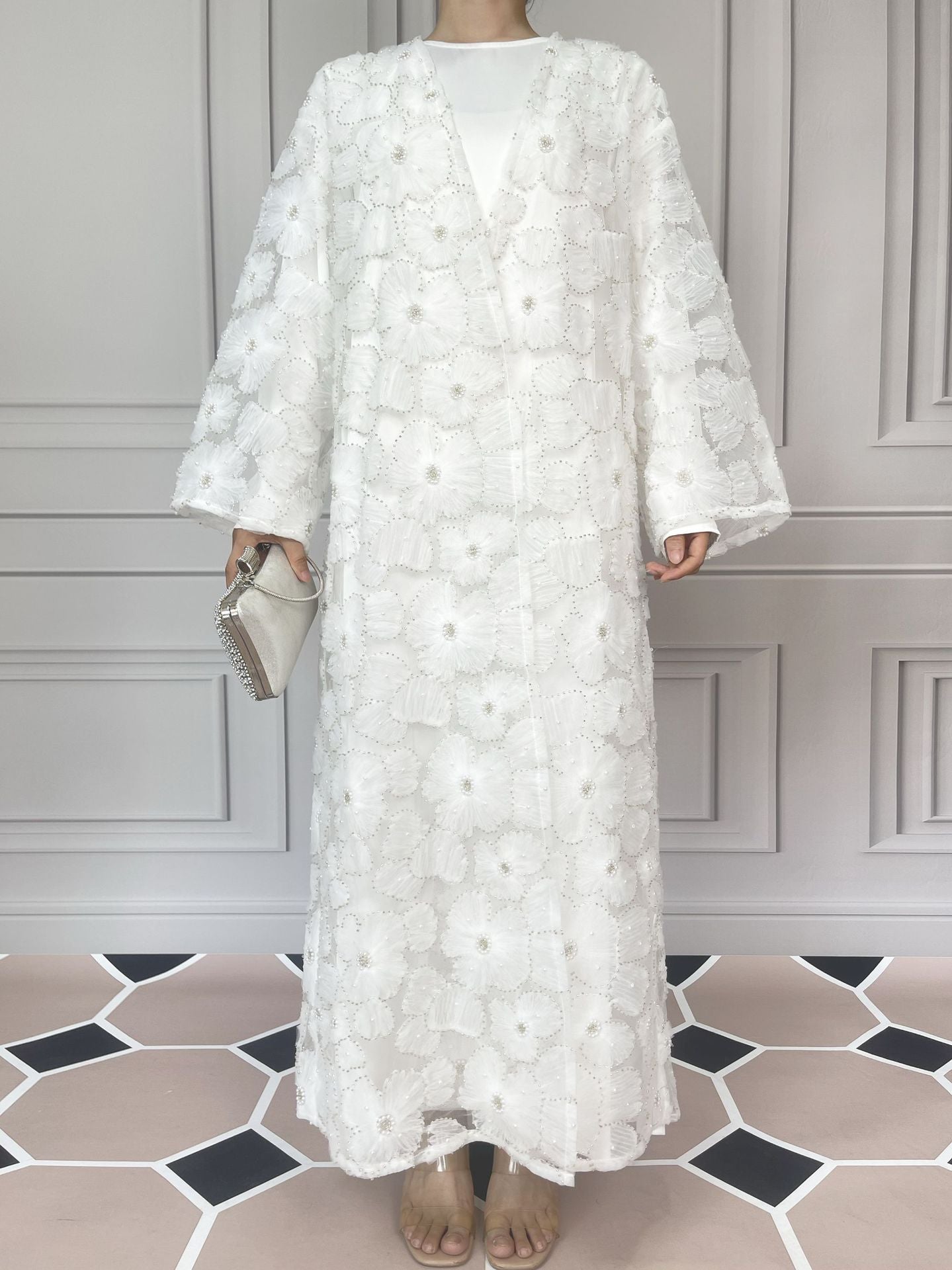 MH90 Beaded Lace Abaya Set – Embroidered Open Abaya, Optional Hijab & Inner Dress