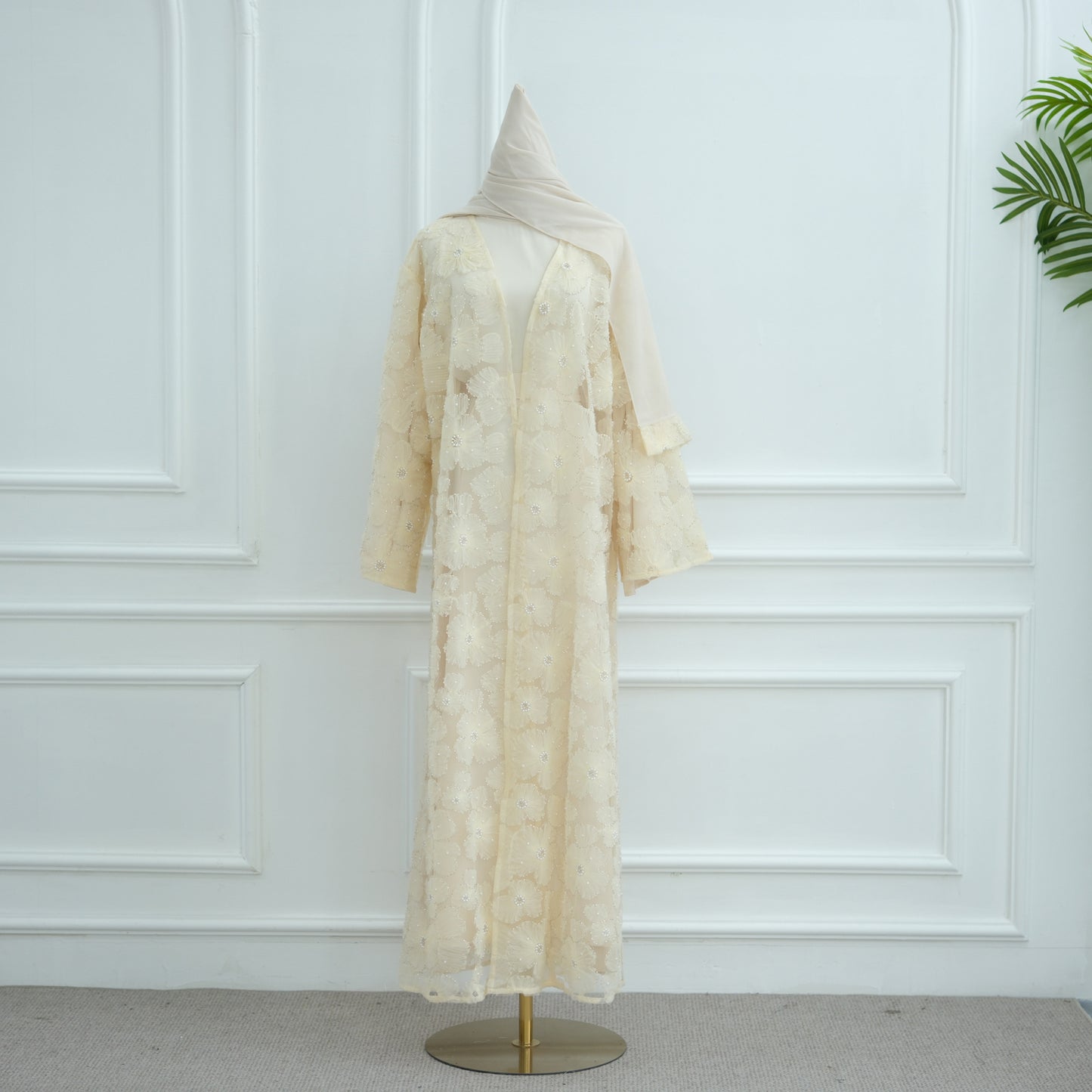 MH90 Beaded Lace Abaya Set – Embroidered Open Abaya, Optional Hijab & Inner Dress