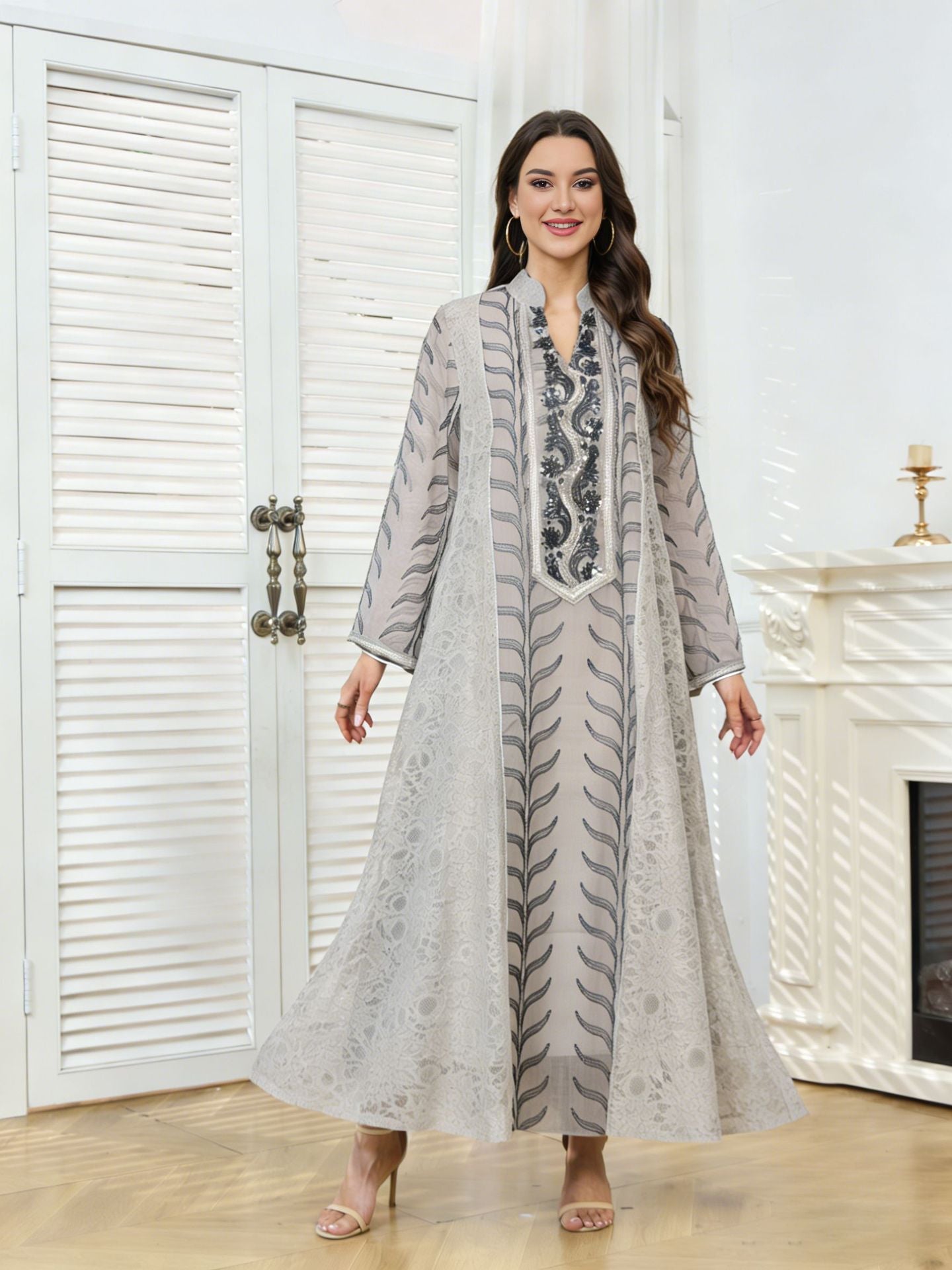 MH129 Beaded Embroidered Abaya Set – Elegant Mesh Modest Eid Dress for Muslim Women