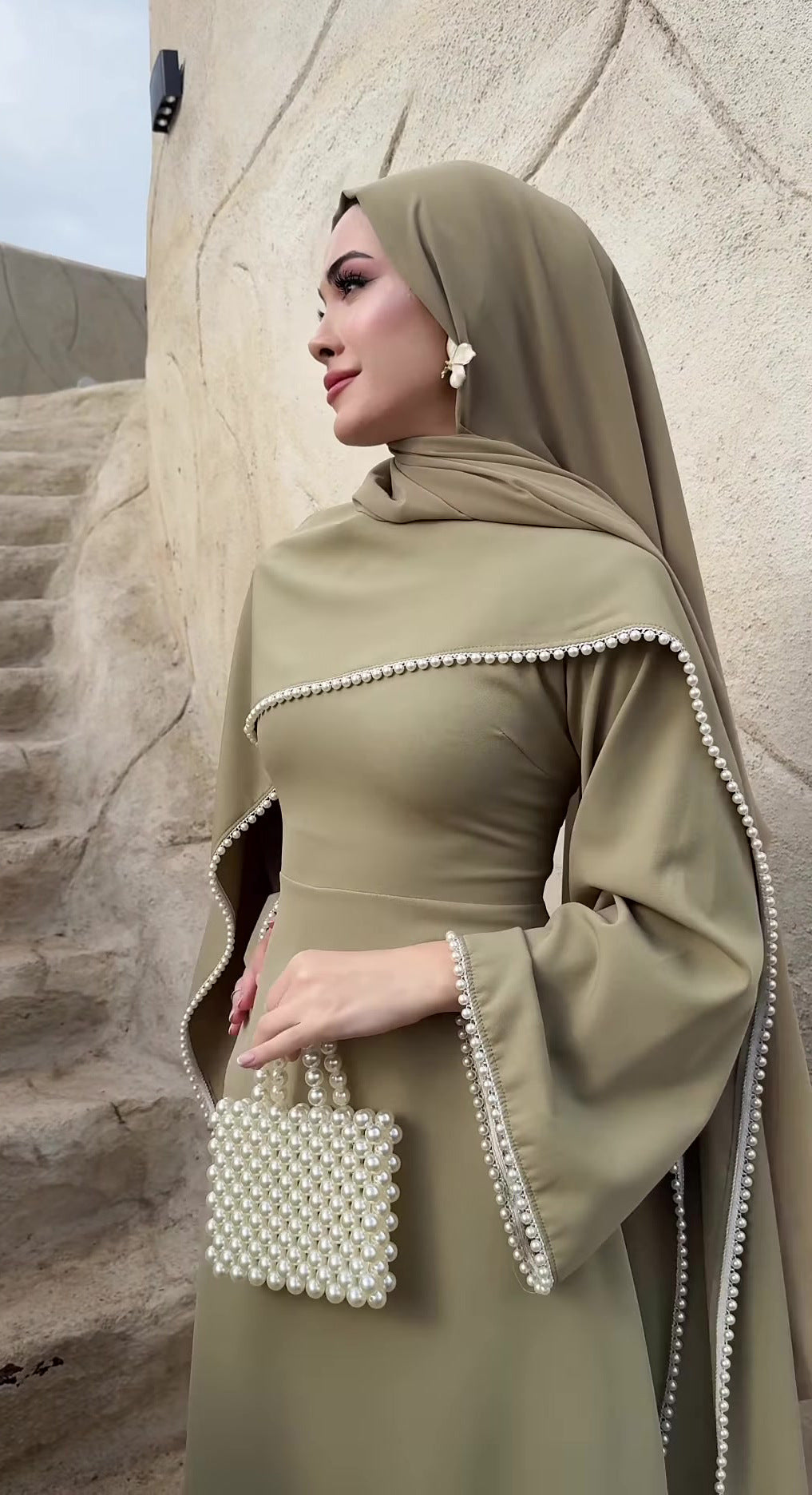 MH123 Pearl Trim Khimar Abaya Dress Set – Elegant Brown Modest Maxi Dress