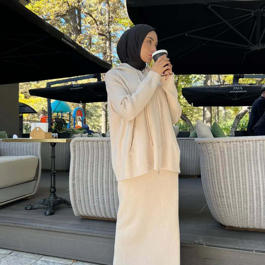 MH101 Modest Knit Hoodie & Skirt Set – Soft Ribbed Two-Piece Outfit