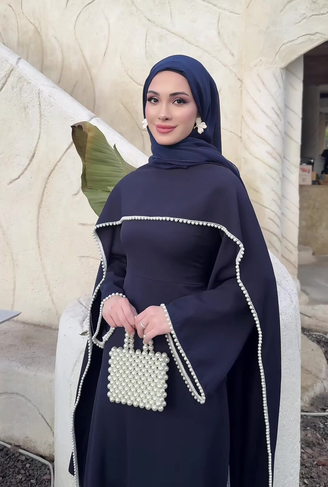 MH123 Pearl Trim Khimar Abaya Dress Set – Elegant Brown Modest Maxi Dress