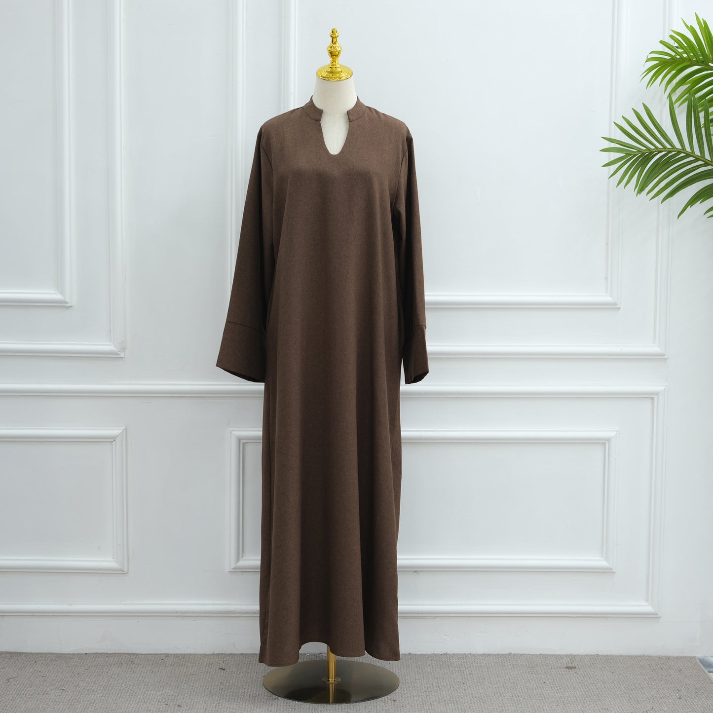 MH93 Plain Abaya Maxi Dress with Pockets – Opaque Wide Cuffs & V-Notch