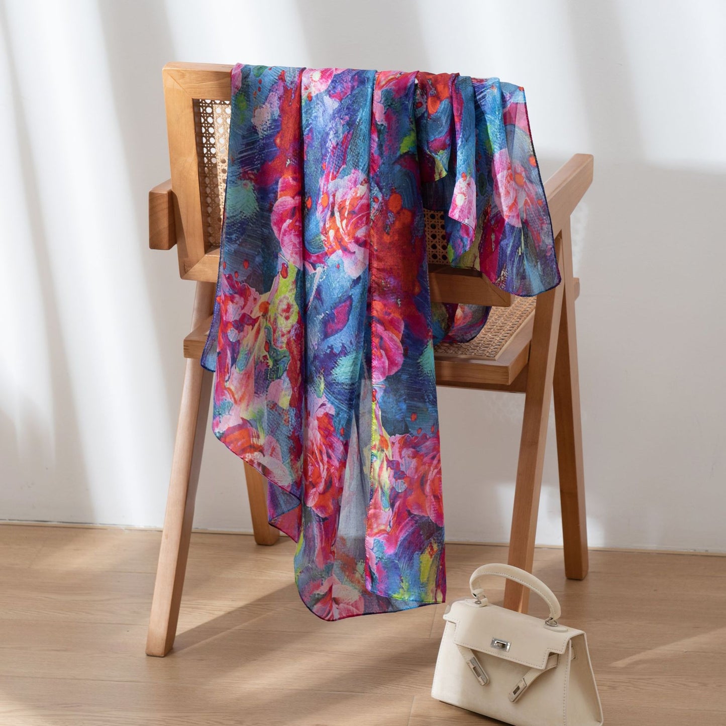 Deep Blue Rose Mulberry Silk Scarf - Luxury Print Shawl | Premium Gift