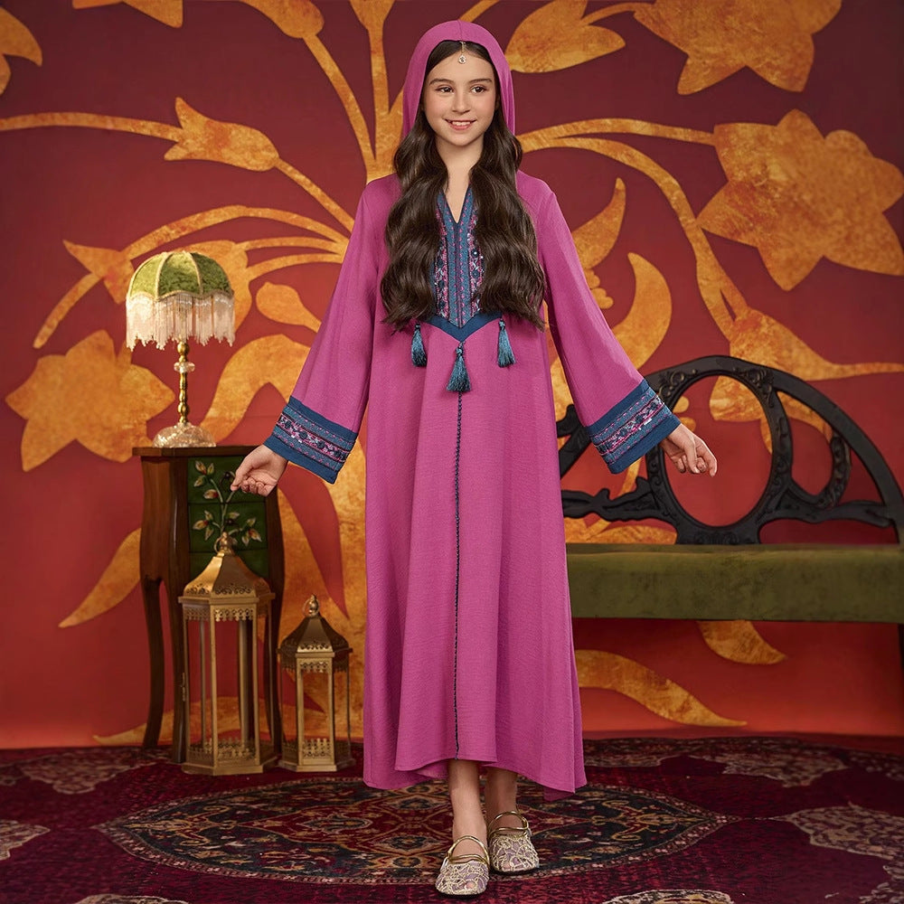 MH137 Girls Hooded Embroidery Maxi Dress – Tassel Trim Modest Eid Dress for Girls Ages 8–12