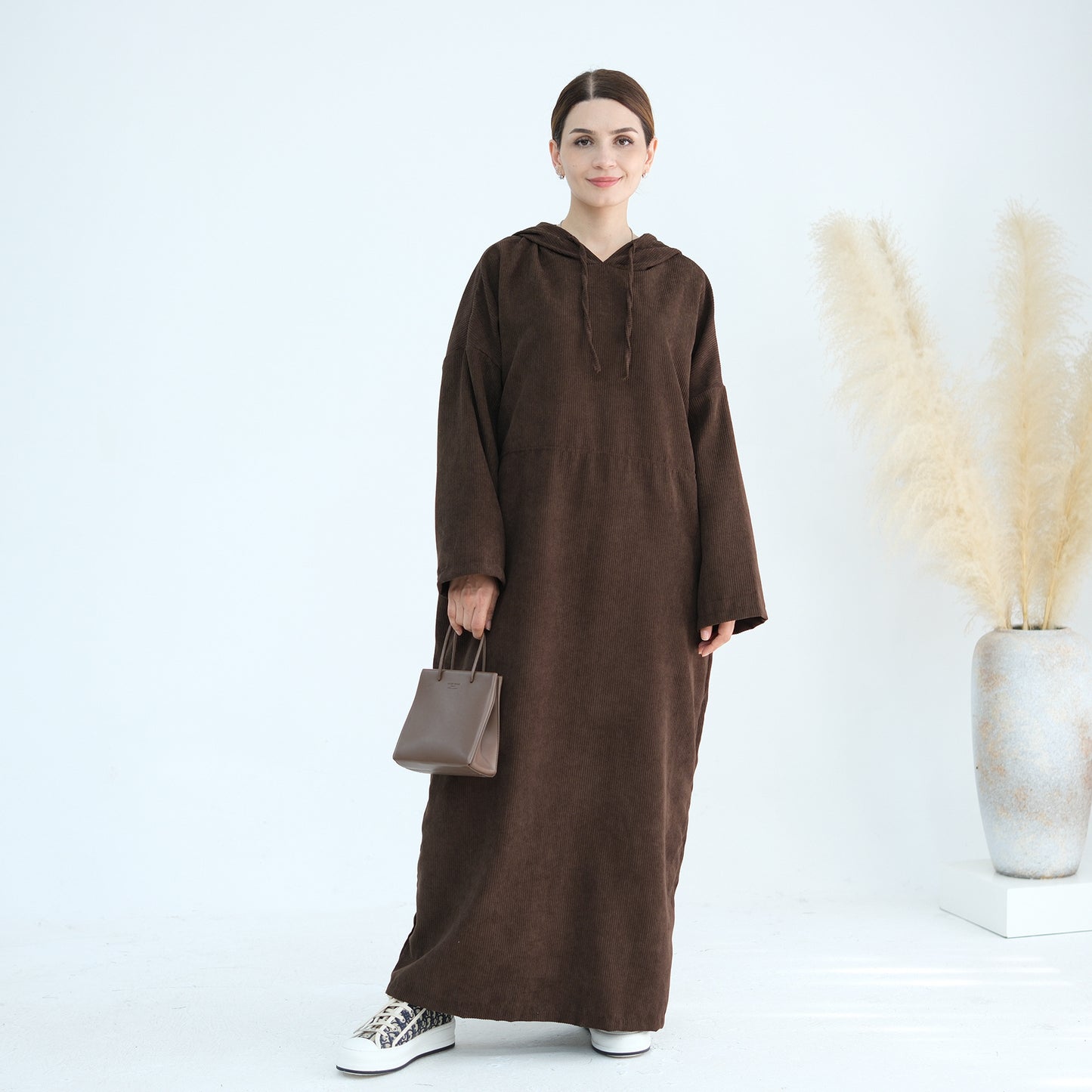 MH95 Corduroy Hooded Abaya with Pockets – Winter Casual Maxi Dress