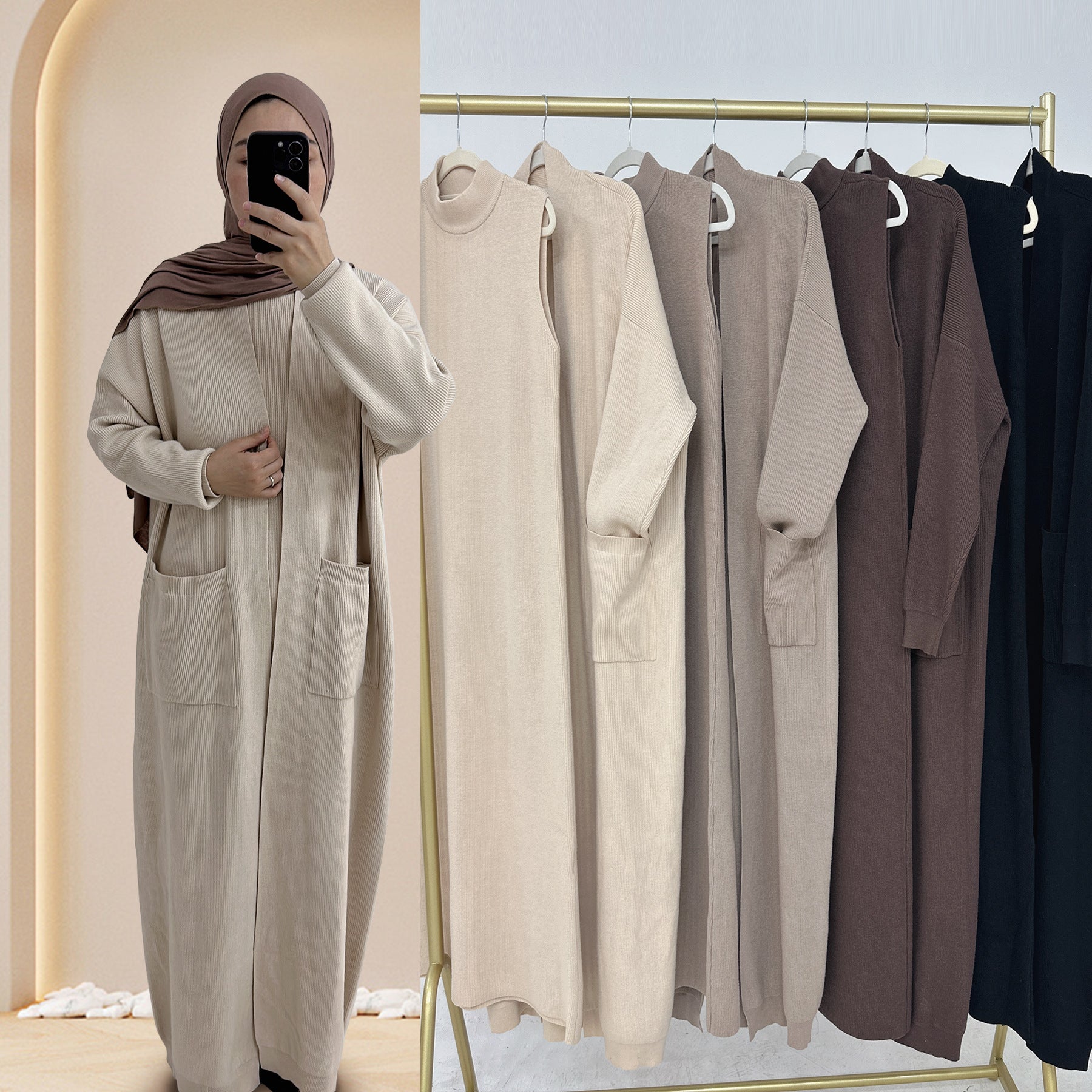 MH82 Winter Knit Abaya Set – 2-Piece Modest Co-ord (Open Cardigan + Inner Dress) with Pockets