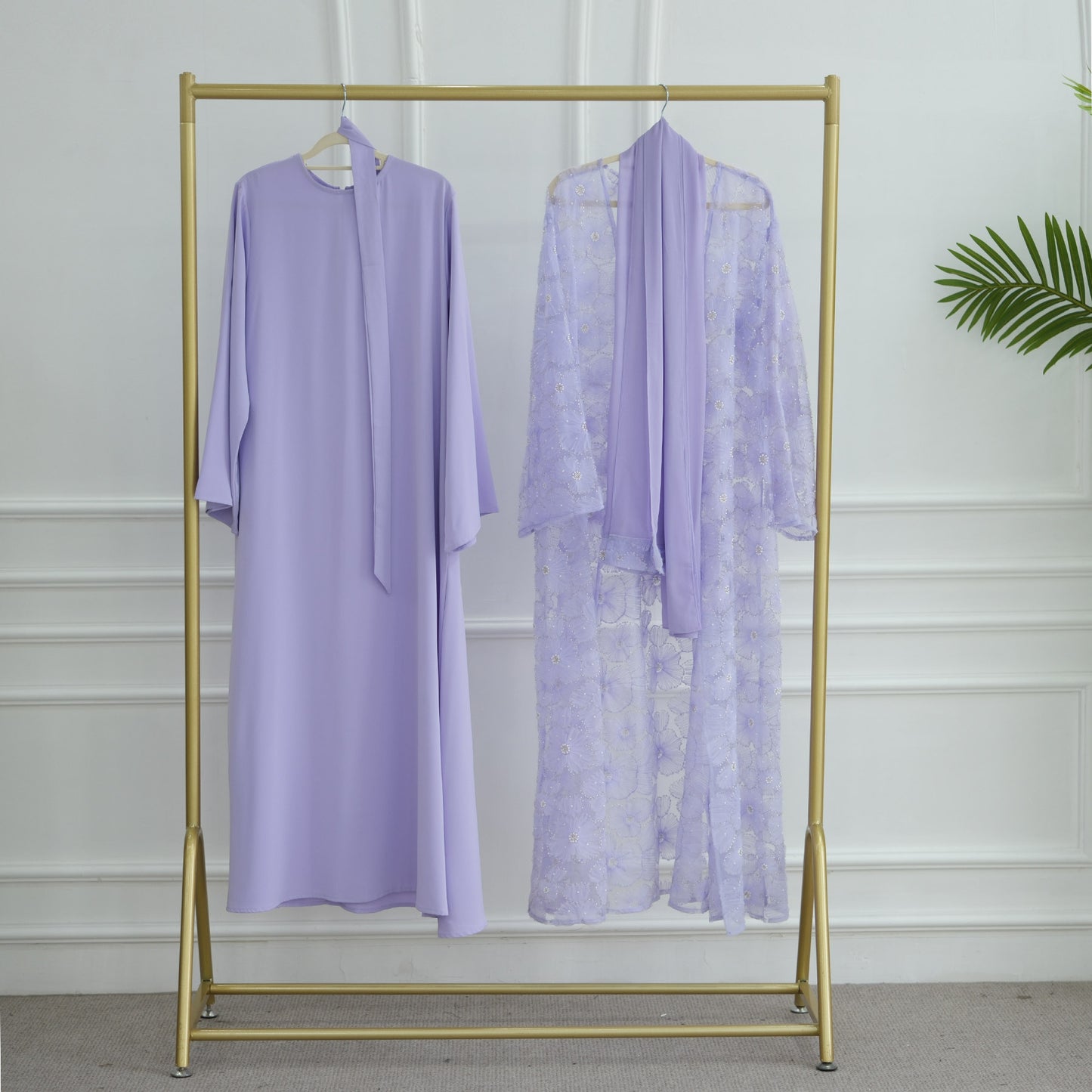 MH90 Beaded Lace Abaya Set – Embroidered Open Abaya, Optional Hijab & Inner Dress