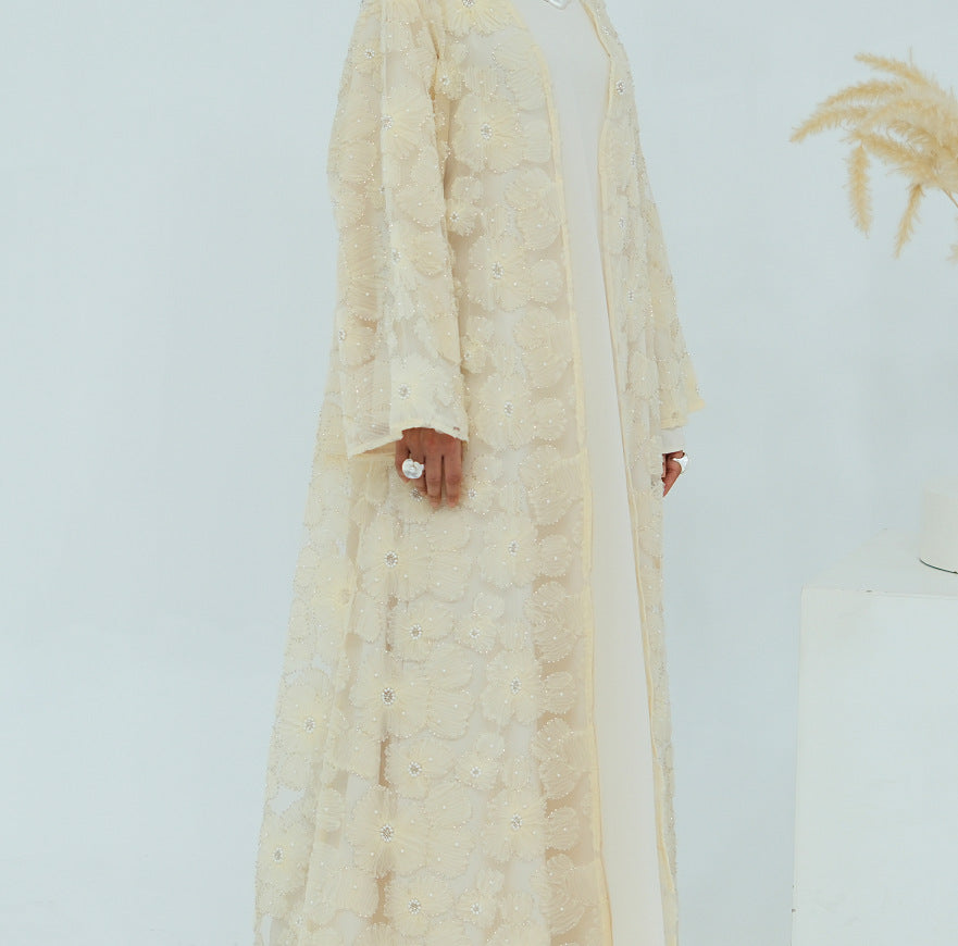 MH90 Beaded Lace Abaya Set – Embroidered Open Abaya, Optional Hijab & Inner Dress