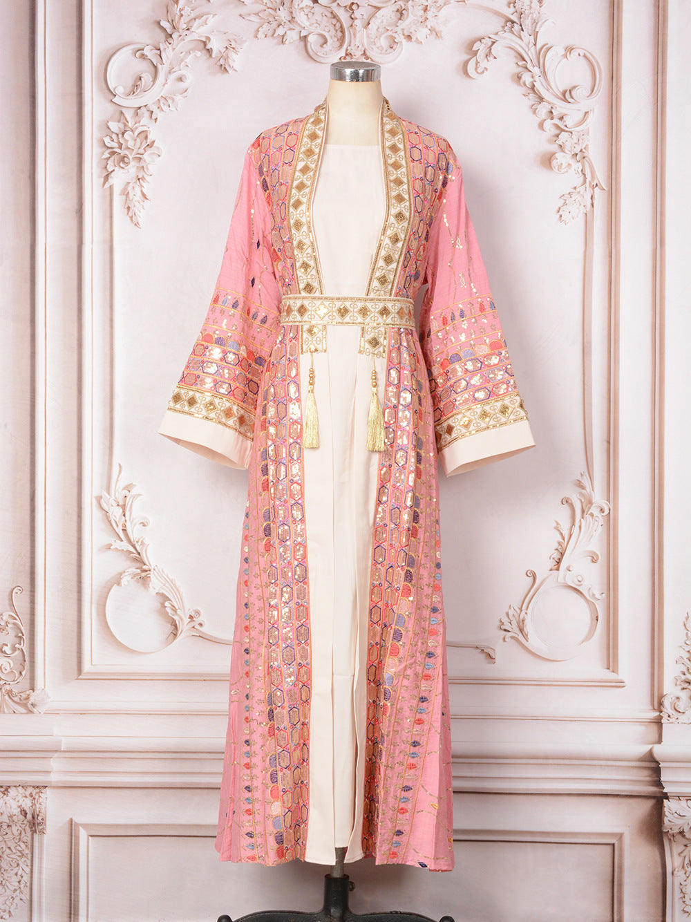 MH130 Luxury Beaded Open Abaya Set – Embroidered Modest Eid Kimono Dress for Muslim Women