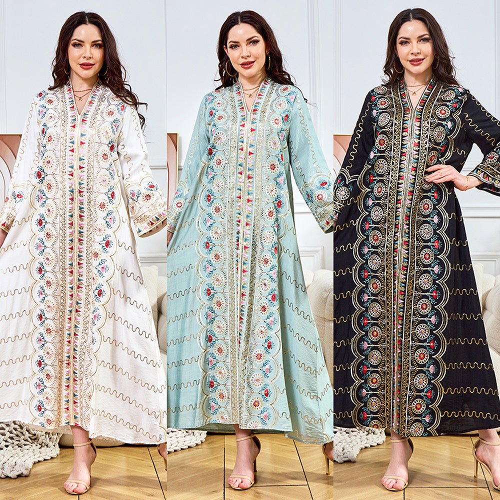 MH132 Sequin Embroidered Abaya Dress – Elegant V Neck Modest Maxi Kaftan for Muslim Women