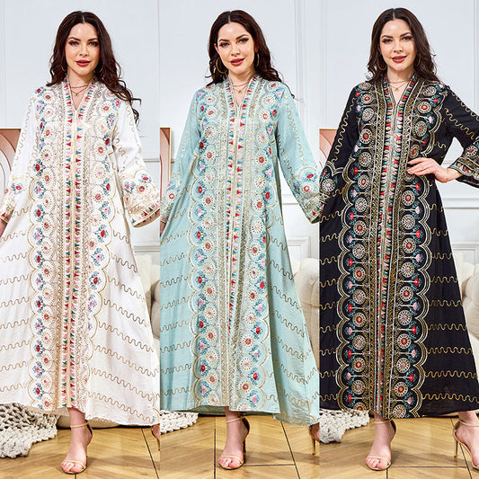 MH132 Sequin Embroidered Abaya Dress – Elegant V Neck Modest Maxi Kaftan for Muslim Women