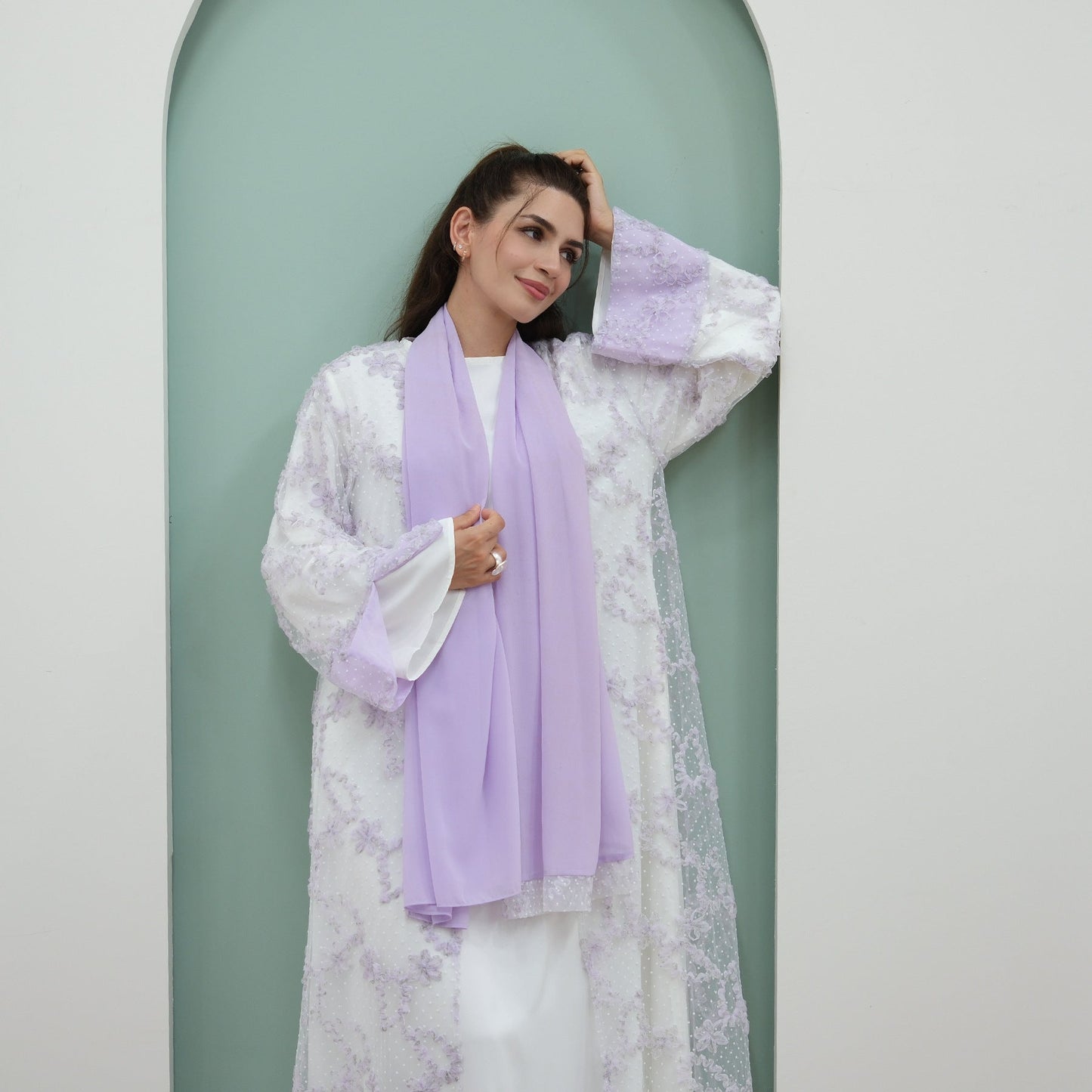 MH135 3D Floral Mesh Cardigan Abaya Set with Hijab – Elegant Modest Open Front Dress for Muslim Women