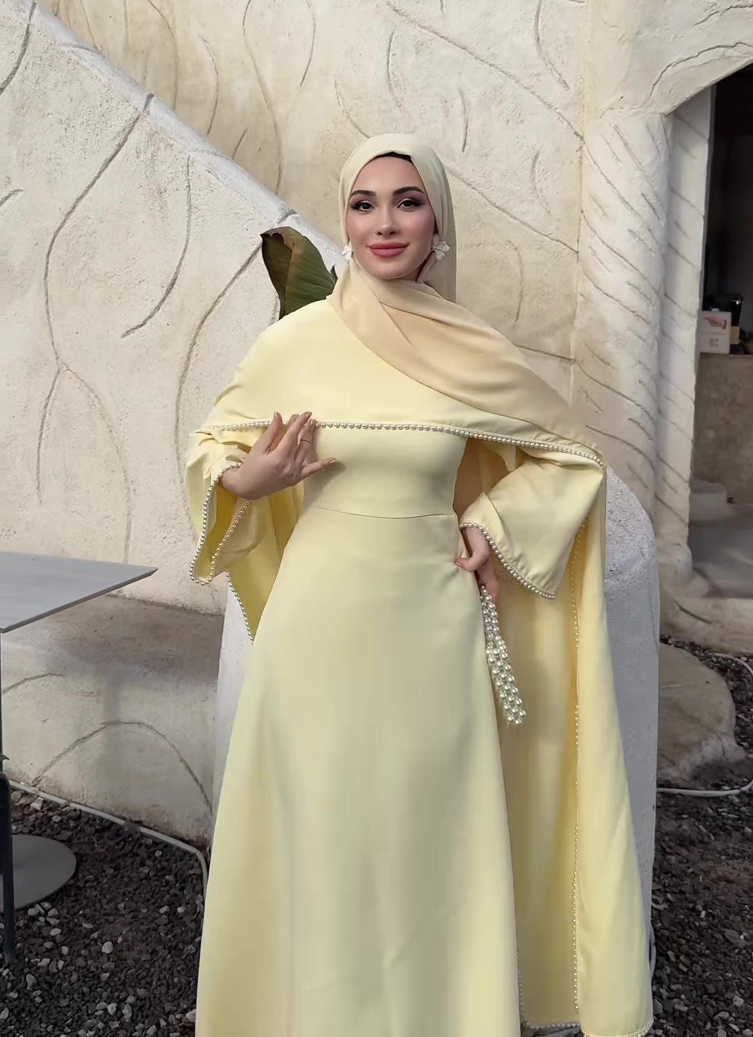 MH123 Pearl Trim Khimar Abaya Dress Set – Elegant Brown Modest Maxi Dress