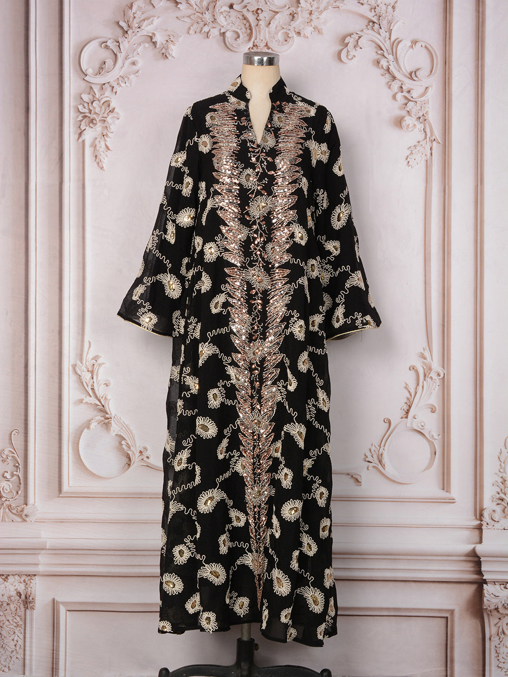 MH133 Luxury Embroidered Sequin Abaya Dress – Elegant Pink Modest Kaftan for Eid & Special Occasions