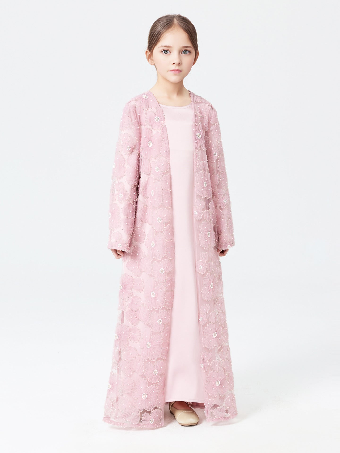 MH122 | Girls 2-Piece Mesh Flower Bead Jacket & Satin Dress Set | Ages 7–14