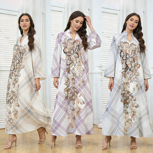 MH128 Plaid Sequin Embroidered Abaya Dress – Elegant Modest Party Maxi for Muslim Women