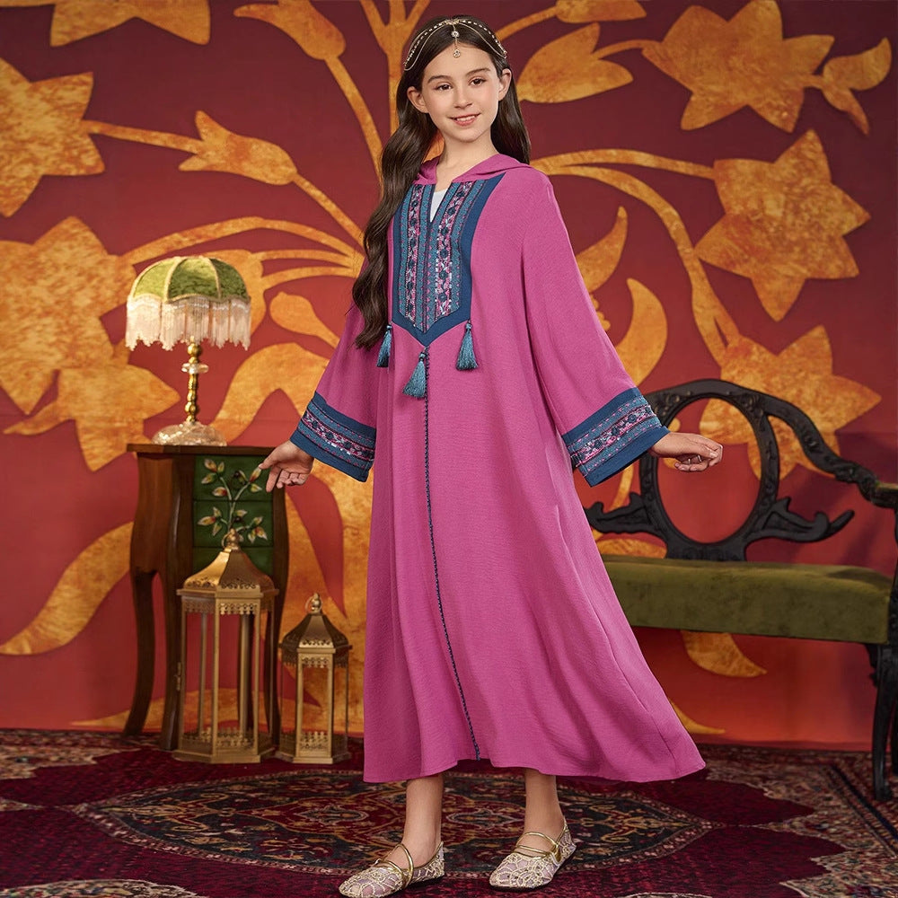 MH137 Girls Hooded Embroidery Maxi Dress – Tassel Trim Modest Eid Dress for Girls Ages 8–12