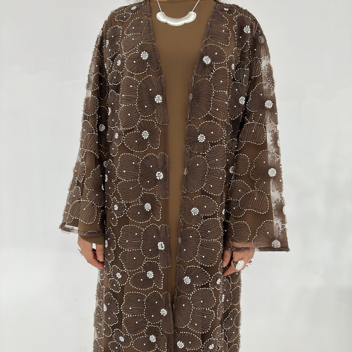 MH90 Beaded Lace Abaya Set – Embroidered Open Abaya, Optional Hijab & Inner Dress