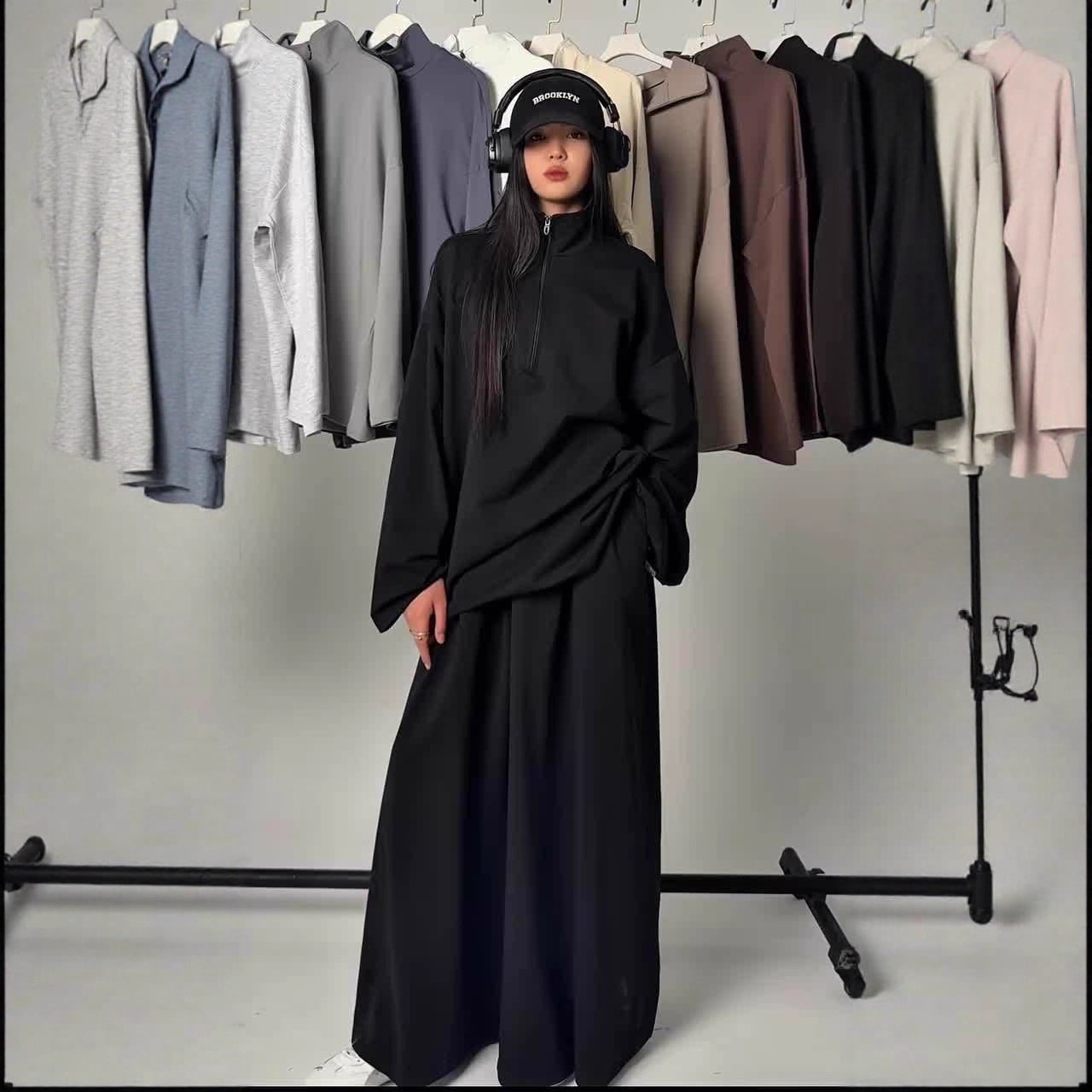 MH126 Modest Half-Zip Top and Maxi Skirt Set – Loose Casual Two Piece Outfit