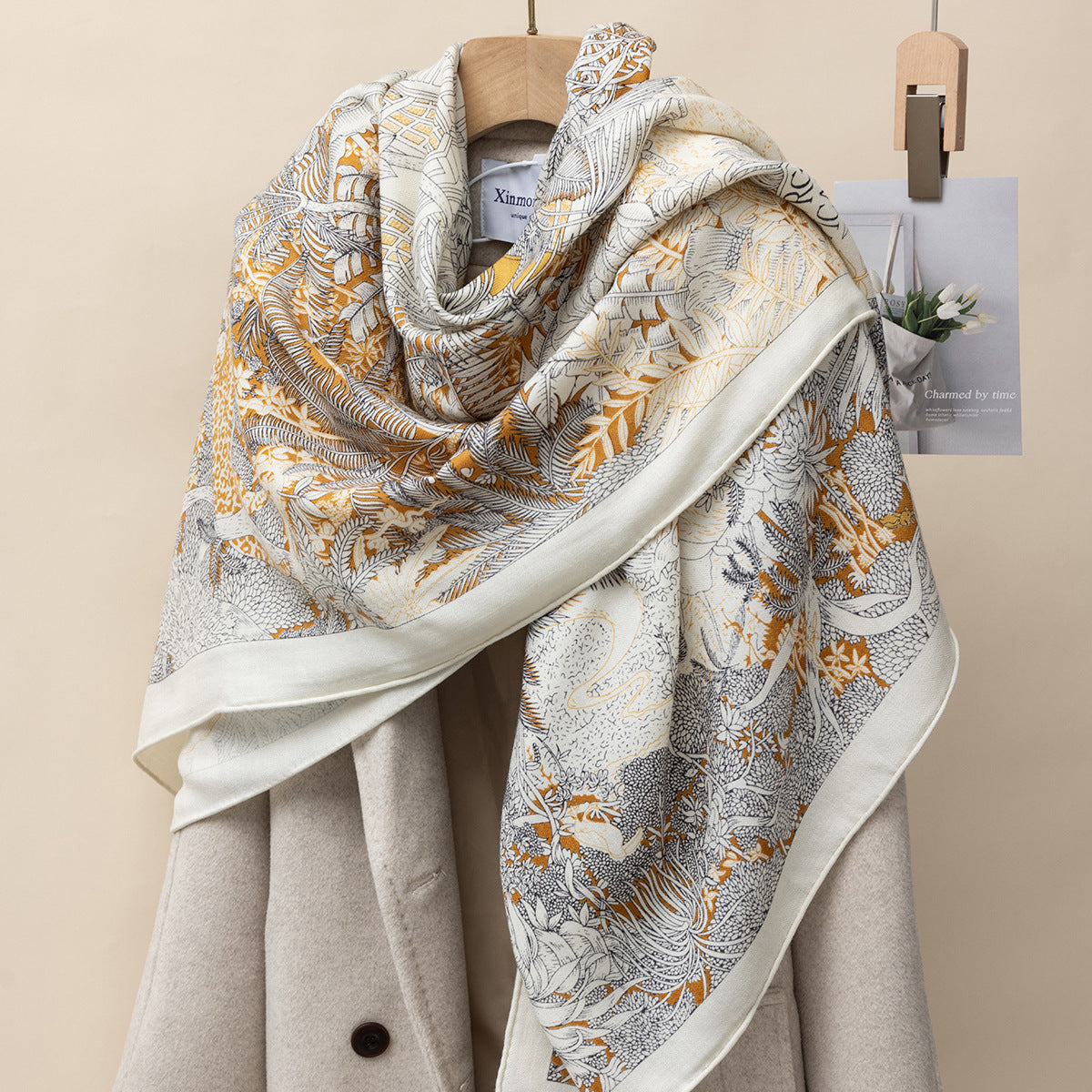 MH112 Silk Cashmere Scarf - Warm Wool Square Shawl Tropical Print