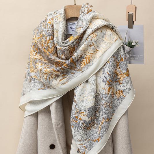 MH112 Silk Cashmere Scarf - Warm Wool Square Shawl Tropical Print