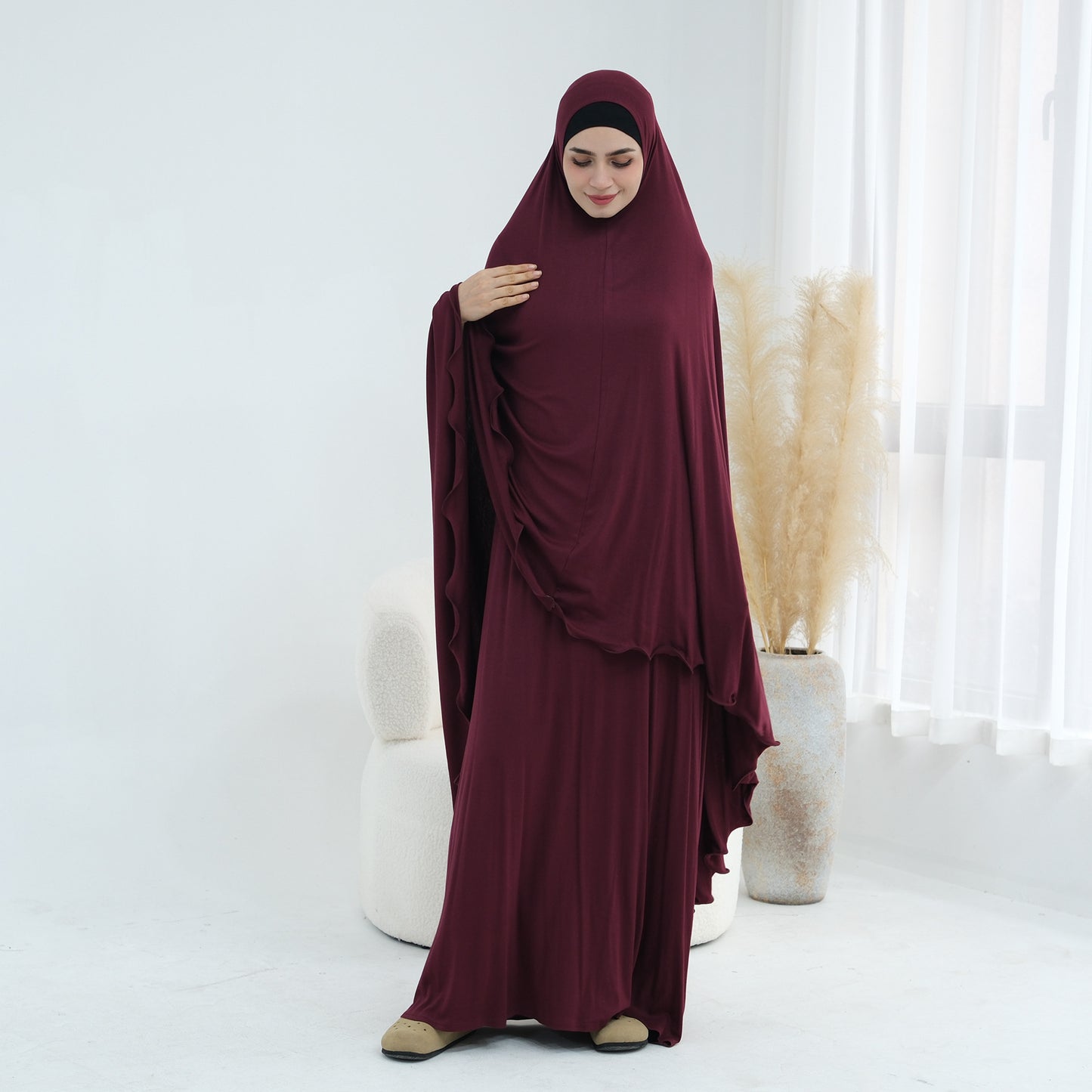 MH100 Modal Jersey Prayer Outfit Set – One-Piece Khimar & Long Dress