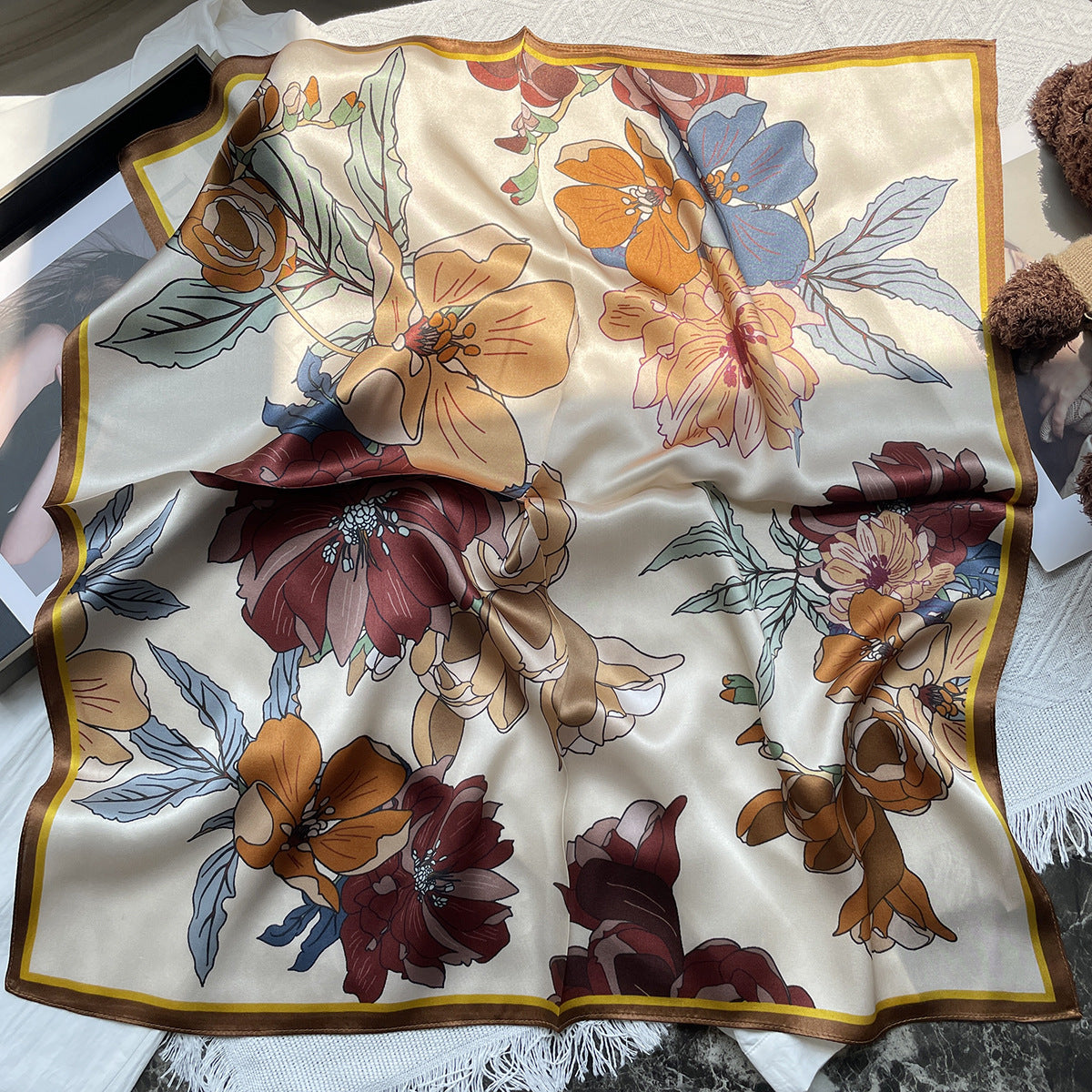 MH114 Silk Scarf Women Spring - Striped Mulberry Square UV Protection 2