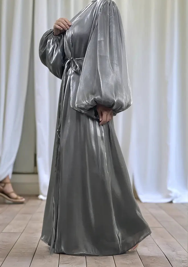 Premium Eid Abaya | Shiny Open Abaya with Balloon Sleeves-GREY - MAHA THE LABEL