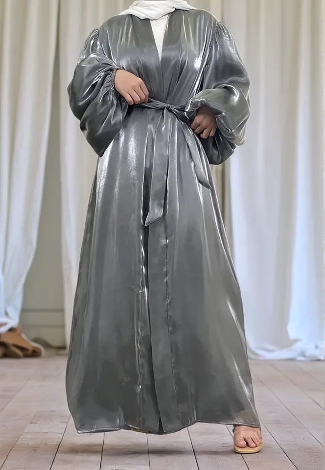 Premium Eid Abaya | Shiny Open Abaya with Balloon Sleeves-GREY - MAHA THE LABEL