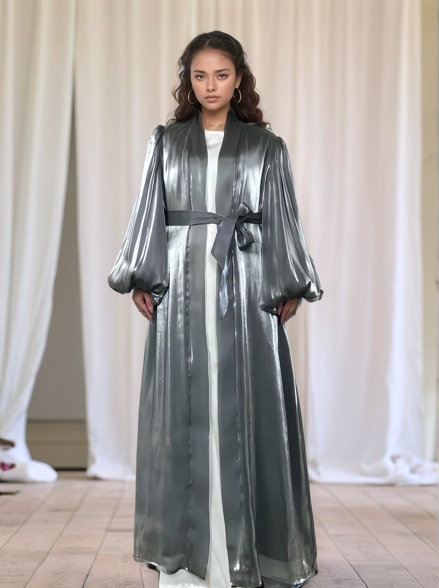 Premium Eid Abaya | Shiny Open Abaya with Balloon Sleeves-GREY - MAHA THE LABEL