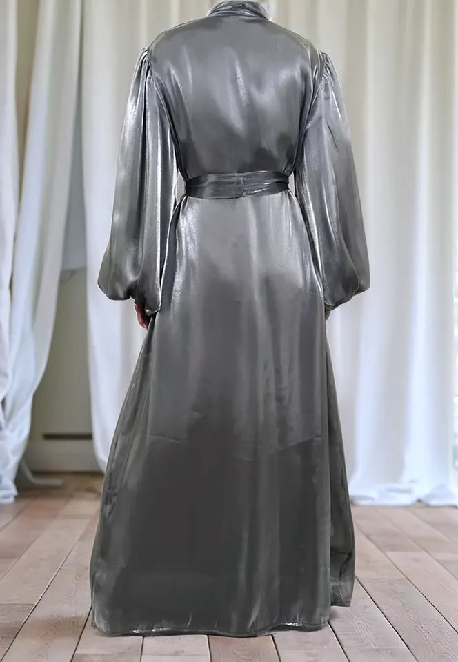 Premium Eid Abaya | Shiny Open Abaya with Balloon Sleeves-GREY - MAHA THE LABEL