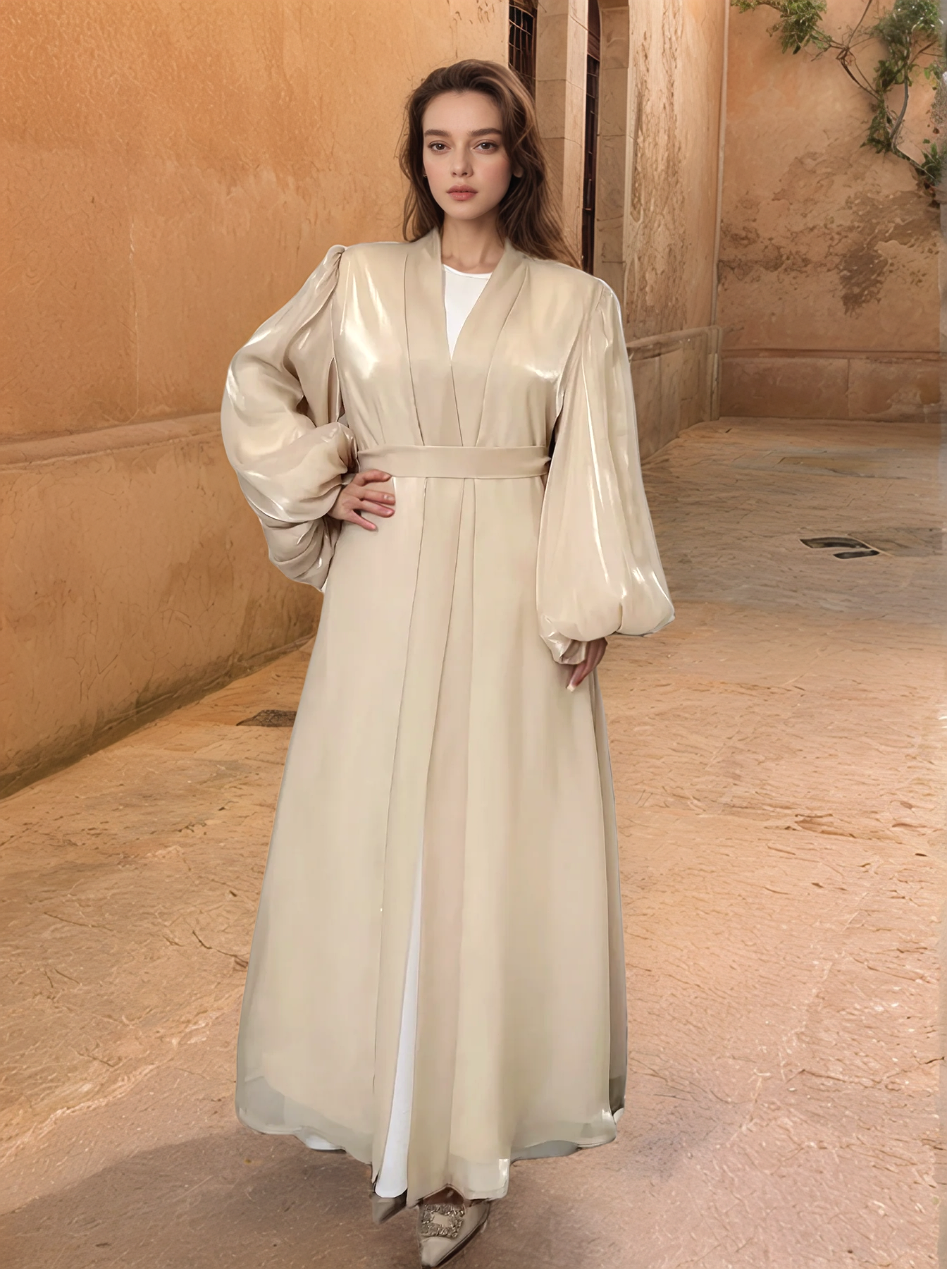 Premium Eid Abaya | Shiny Open Abaya with Balloon Sleeves-BEIGE - MAHA THE LABEL