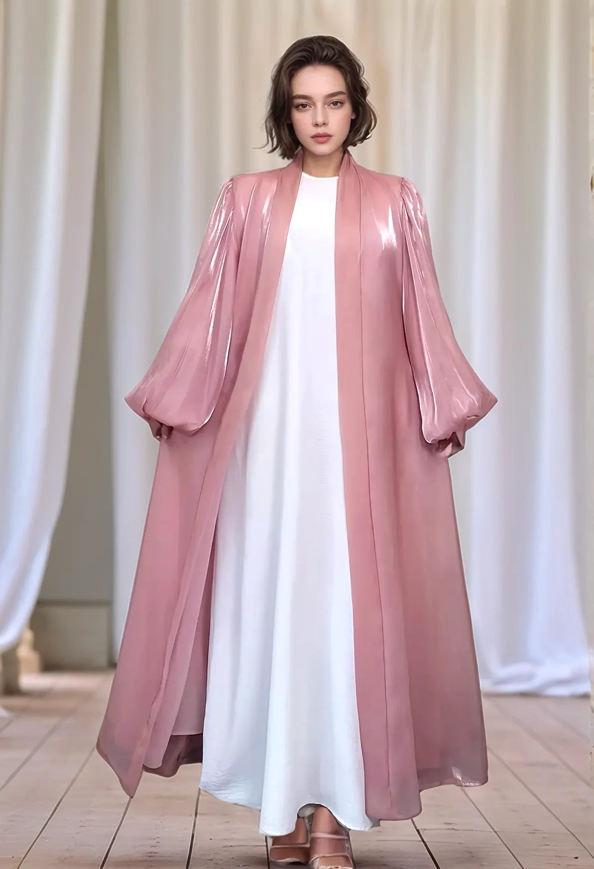 Premium Eid Abaya | Shiny Open Abaya with Balloon Sleeves-PINK - MAHA THE LABEL