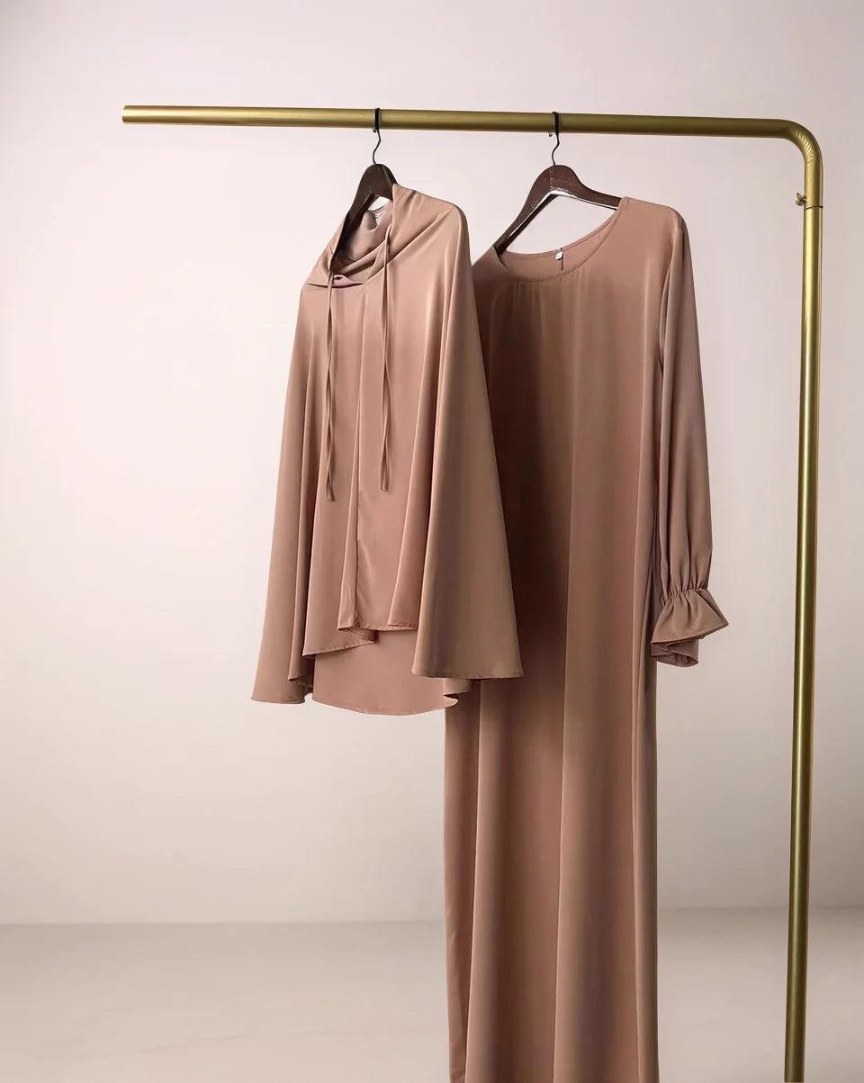 fitted lace wedding dress Two-Piece Abaya Set with Scarf – Lm010 Modest Muslim Clothing Apricot / XL/XXL