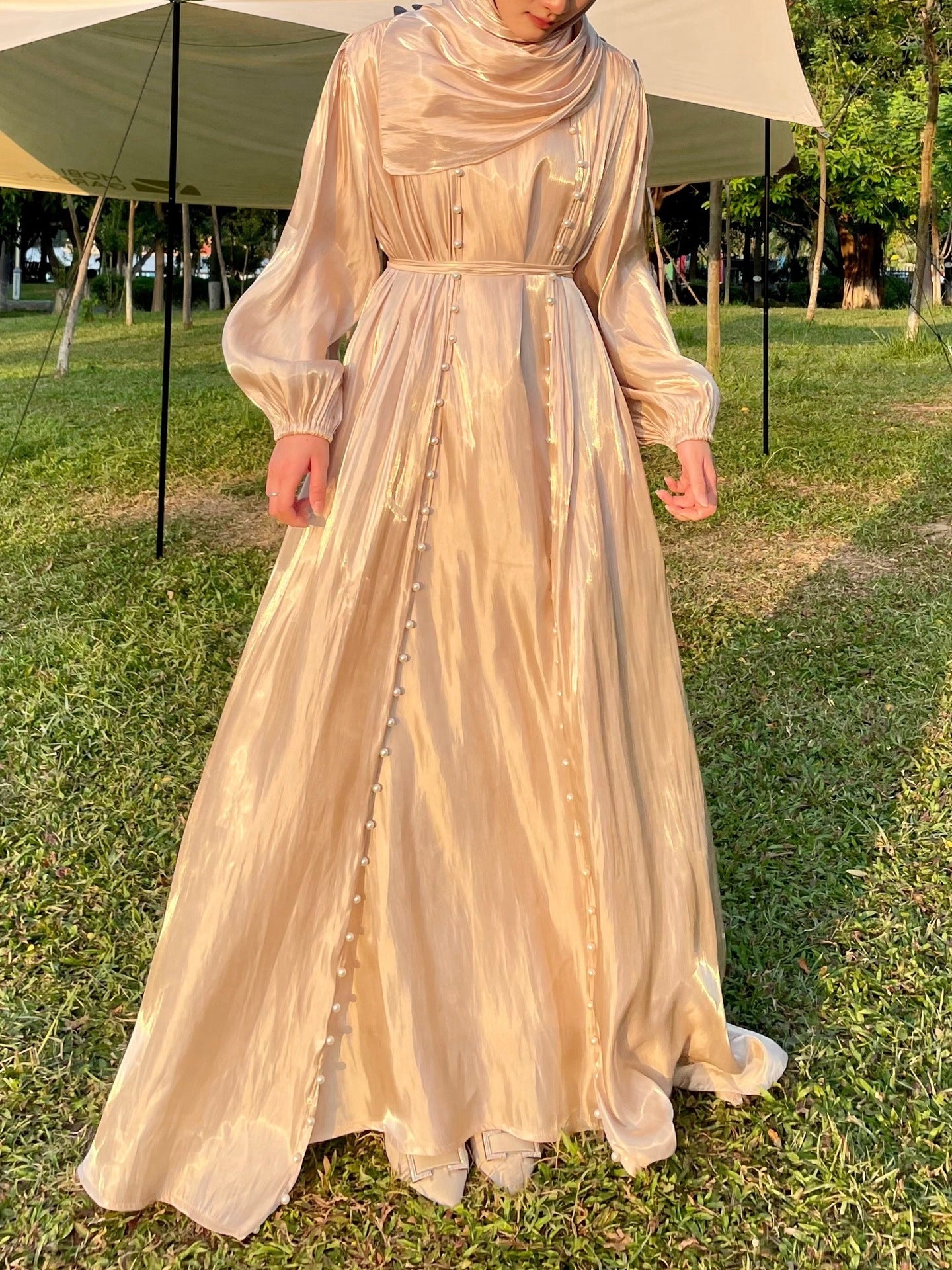 MH120 | Silk Chiffon Modest Set with Hijab, Inner & Outer Skirt + Pearl Belt | ⚠️ Transparent Sleeves