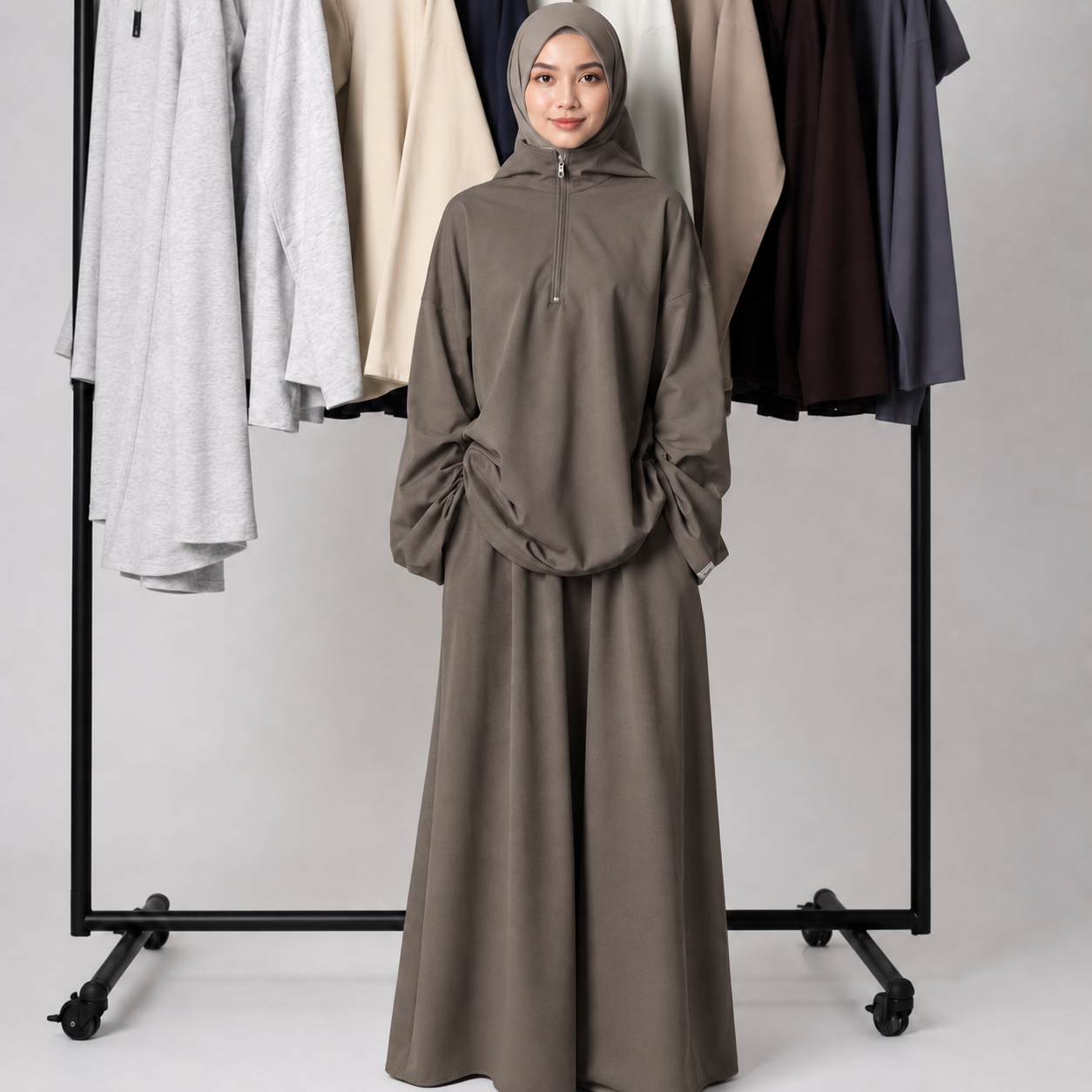 MH126 Modest Half-Zip Top and Maxi Skirt Set – Loose Casual Two Piece Outfit