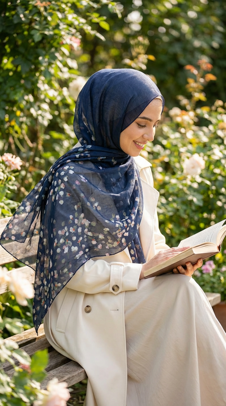 Navy Floral Mulberry Silk Scarf - Luxury Print Shawl | Premium Gift