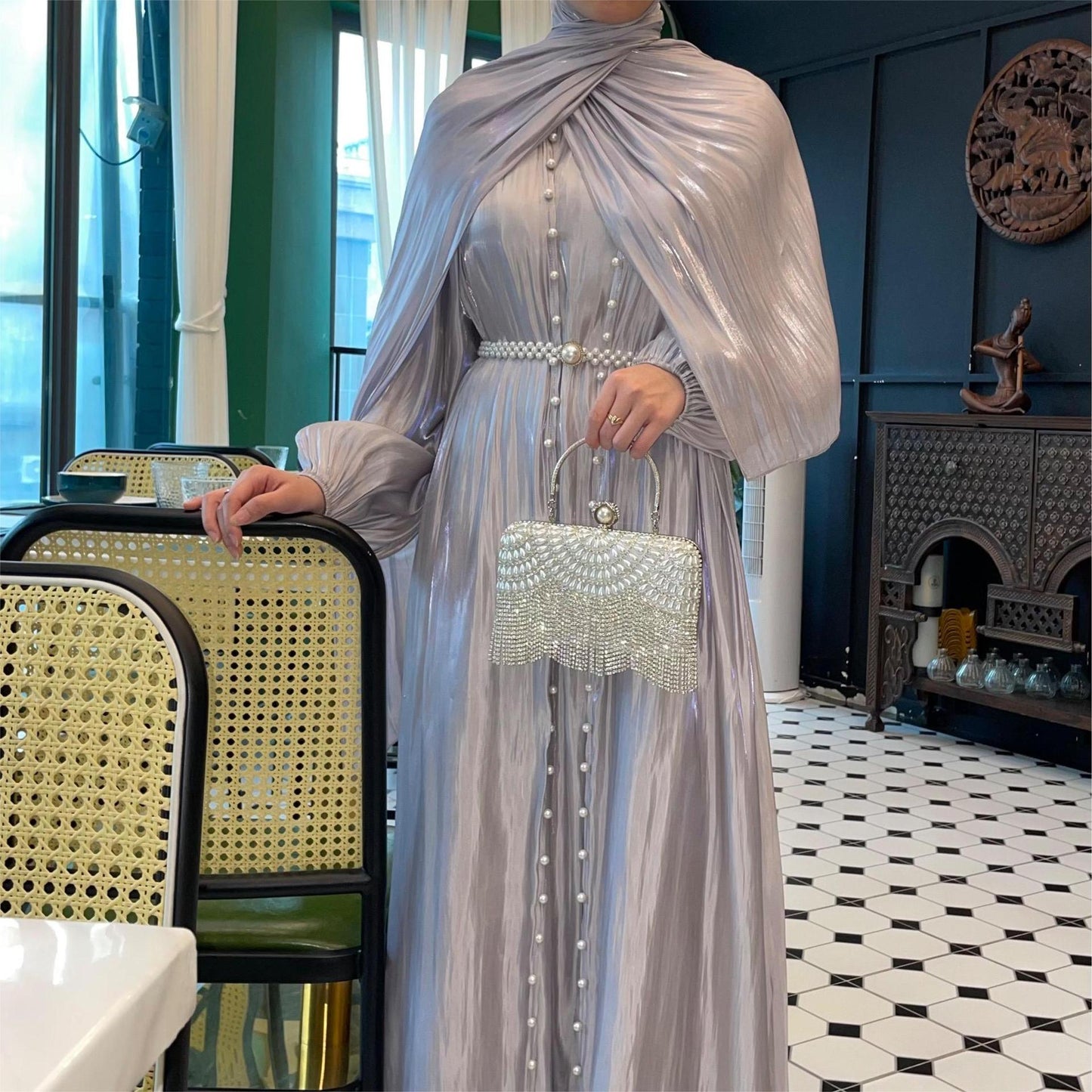 MH120 | Silk Chiffon Modest Set with Hijab, Inner & Outer Skirt + Pearl Belt | ⚠️ Transparent Sleeves