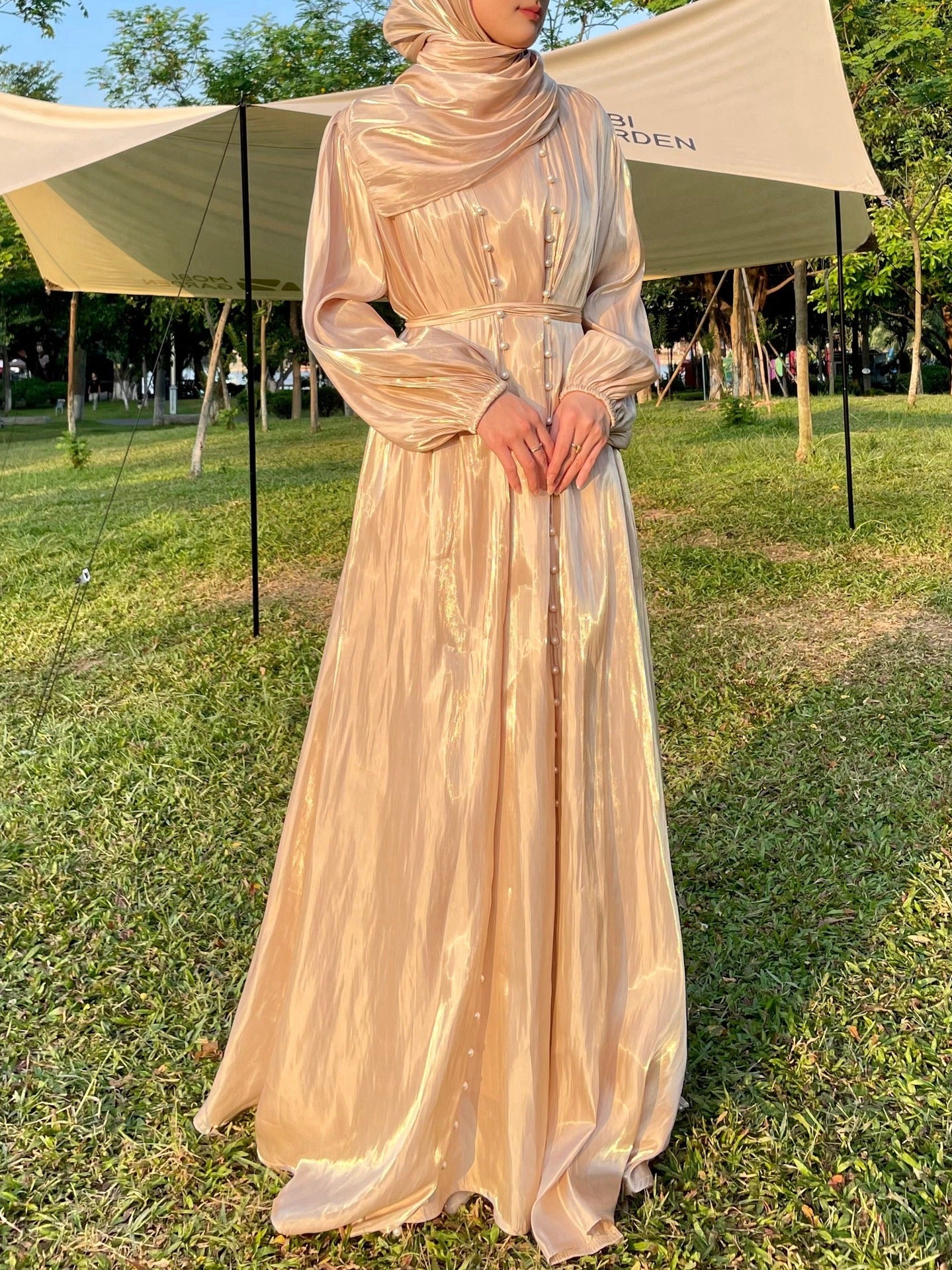 MH120 | Silk Chiffon Modest Set with Hijab, Inner & Outer Skirt + Pearl Belt | ⚠️ Transparent Sleeves