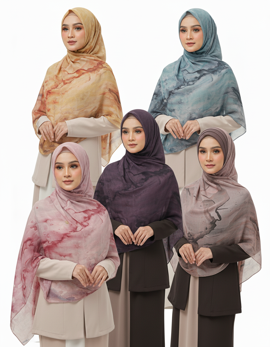 MH001 Muslim Hijab Scarf - Soft Modal Ink Print Headscarf for Women | Breathable Lightweight Shawl