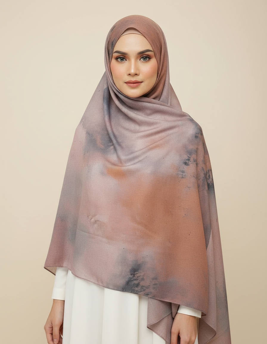 MH001 Muslim Hijab Scarf - Soft Modal Ink Print Headscarf for Women | Breathable Lightweight Shawl