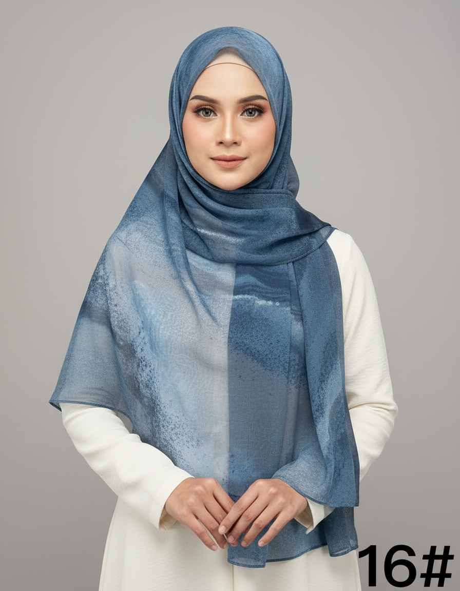 MH006 Premium Modal Hijab Scarf - Elegant Ink Print Shawl Women