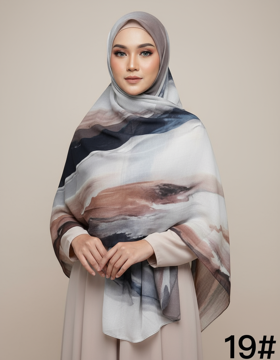 MH006 Premium Modal Hijab Scarf - Elegant Ink Print Shawl Women