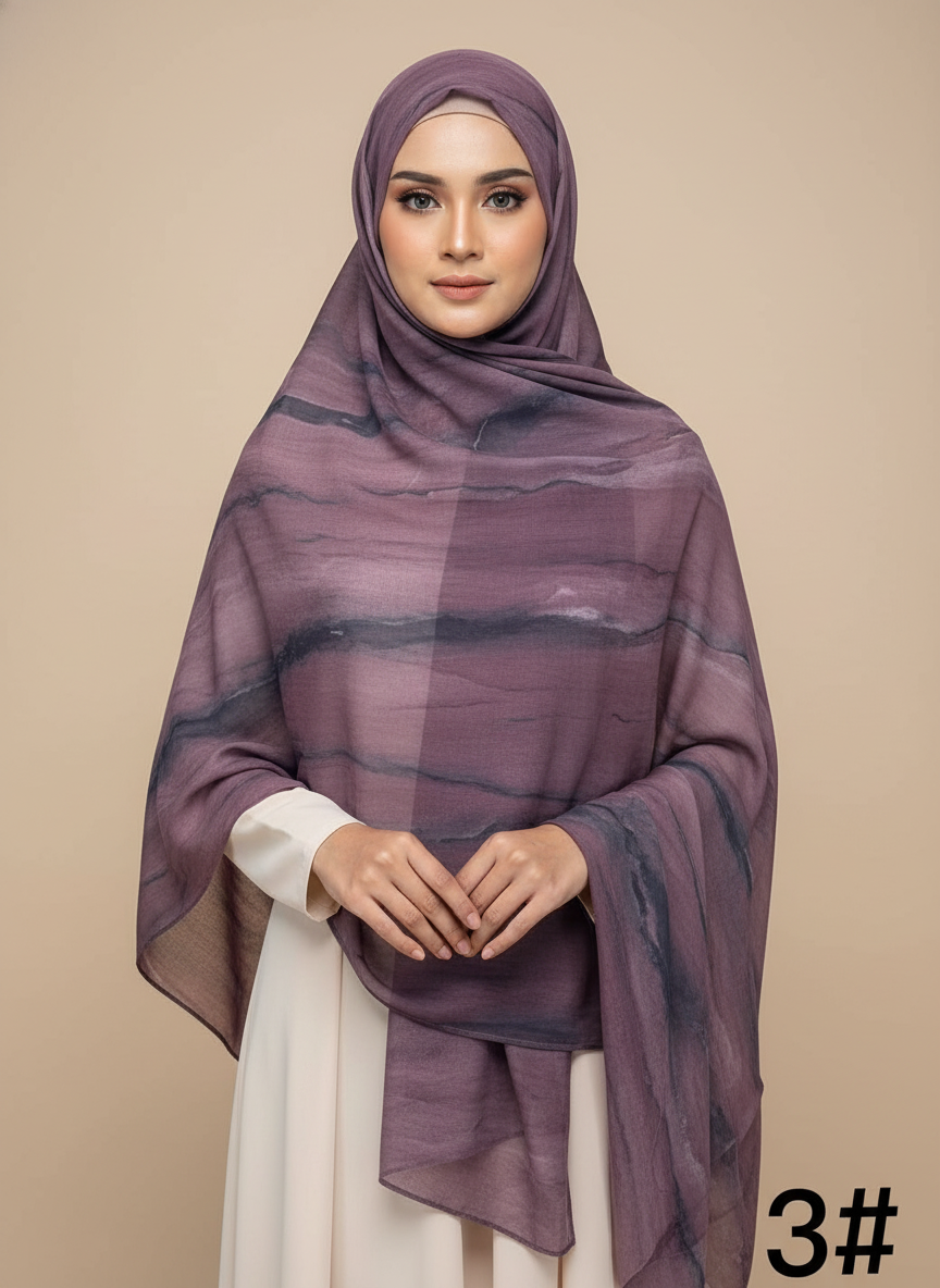 MH001 Muslim Hijab Scarf - Soft Modal Ink Print Headscarf for Women | Breathable Lightweight Shawl