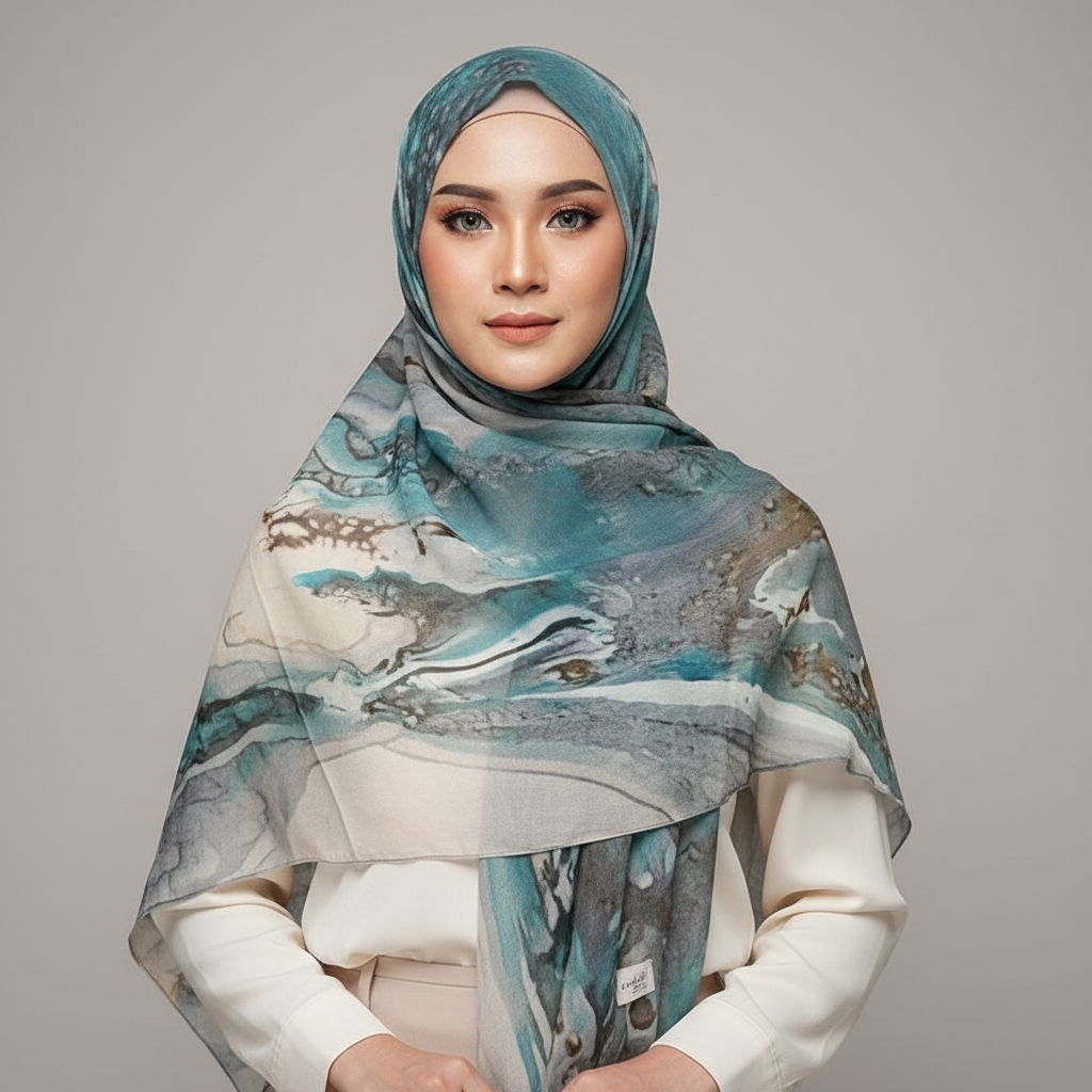 MH001 Muslim Hijab Scarf - Soft Modal Ink Print Headscarf for Women | Breathable Lightweight Shawl
