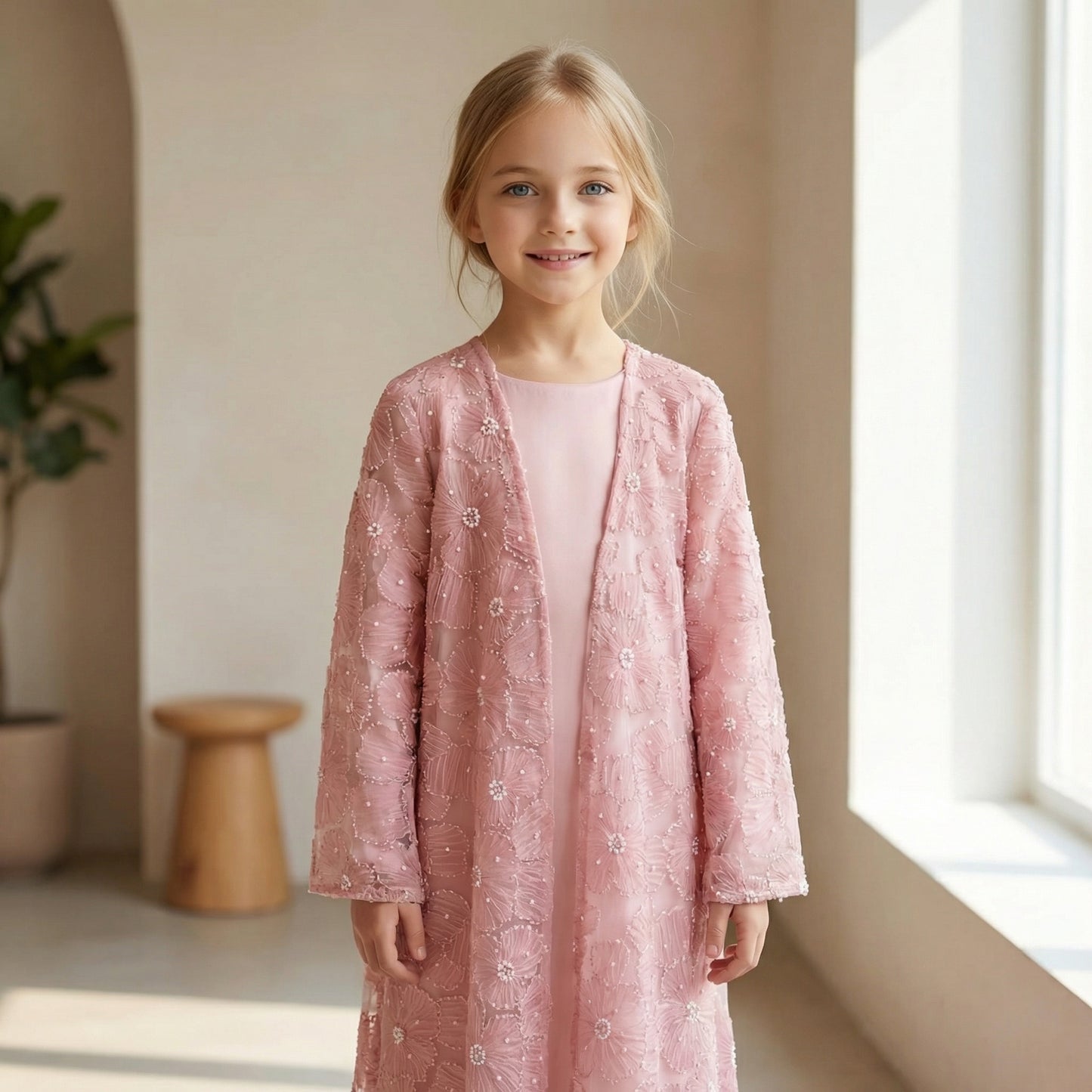 MH122 | Girls 2-Piece Mesh Flower Bead Jacket & Satin Dress Set | Ages 7–14