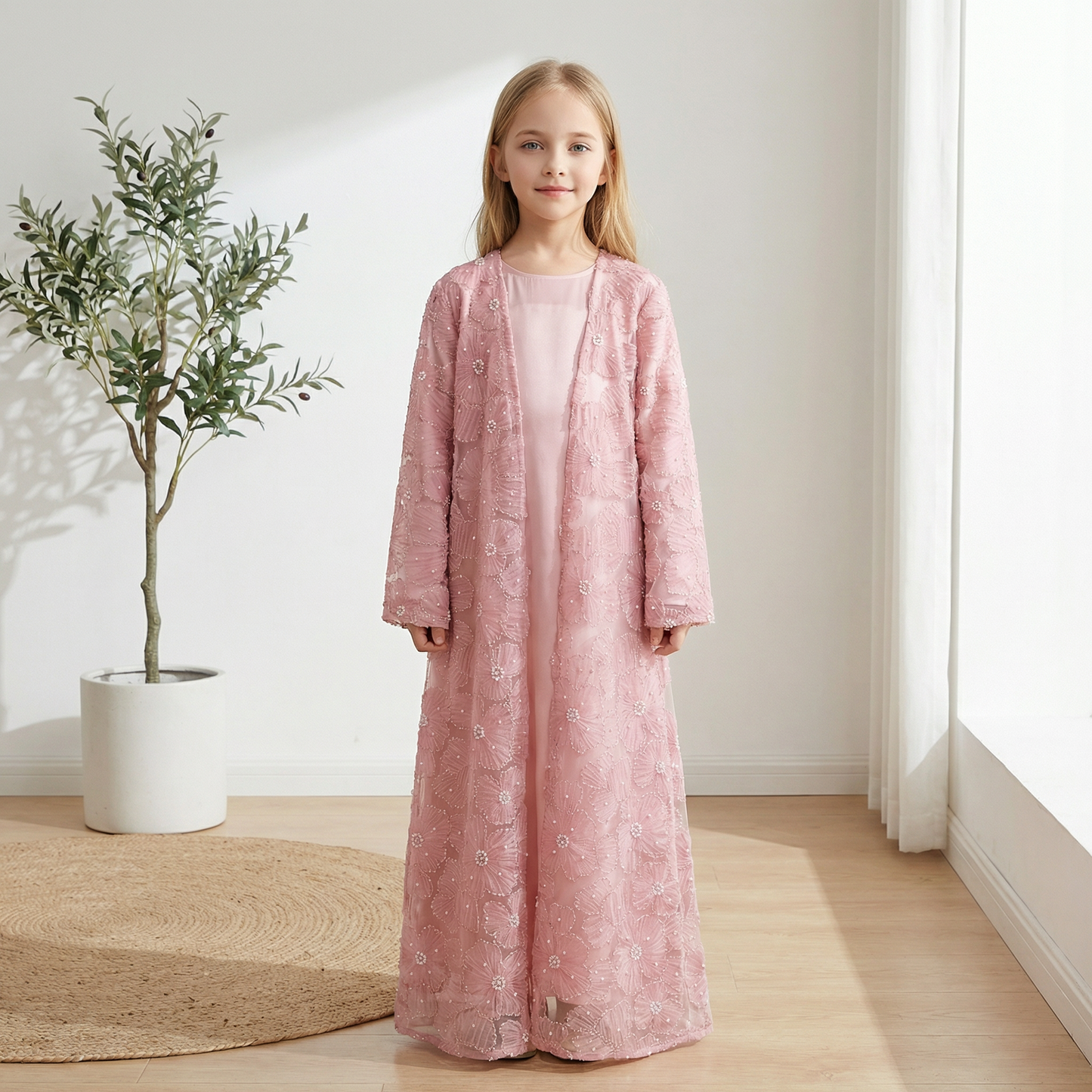 MH122 | Girls 2-Piece Mesh Flower Bead Jacket & Satin Dress Set | Ages 7–14
