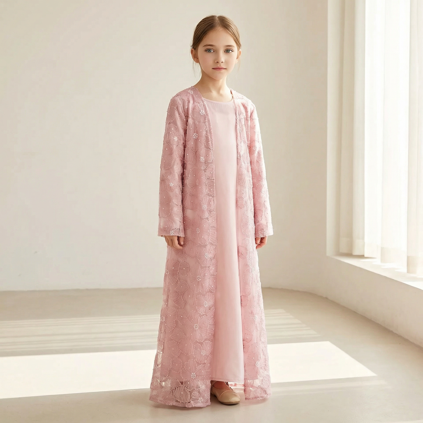 MH122 | Girls 2-Piece Mesh Flower Bead Jacket & Satin Dress Set | Ages 7–14