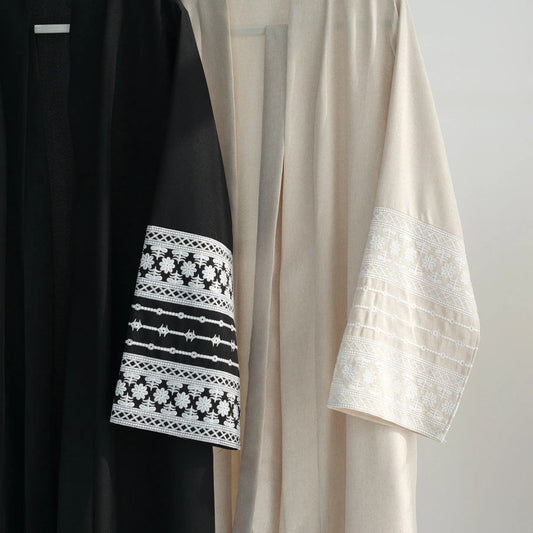 MH88 Linen Embroidered Abaya with Belt & Pockets – Modest Open Style for Eid & Daily Wear